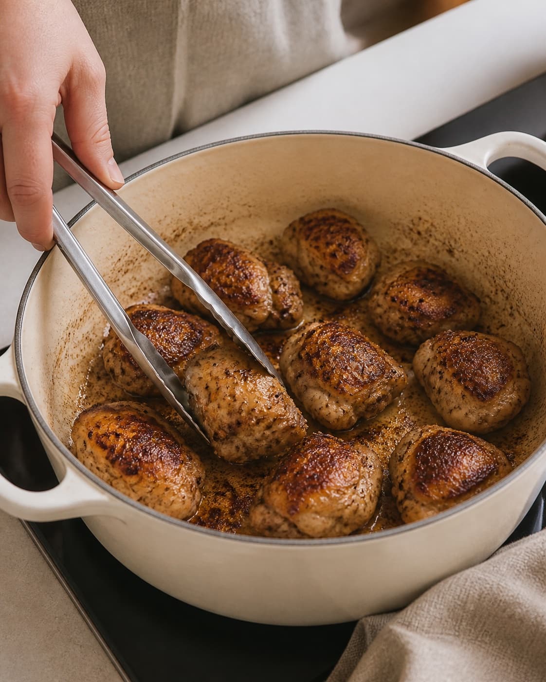 One single photorealistic instructional frame of meat cubes searing deeply brown in one heavy pot for Alt i en gryde med kylling og rodfrugter, featuring kylling, gulerødder, pastinak, with only the named equipment and no unrelated food, text, logos or packaging under tilberedningen af alt i en gryde med kylling og rodfrugter