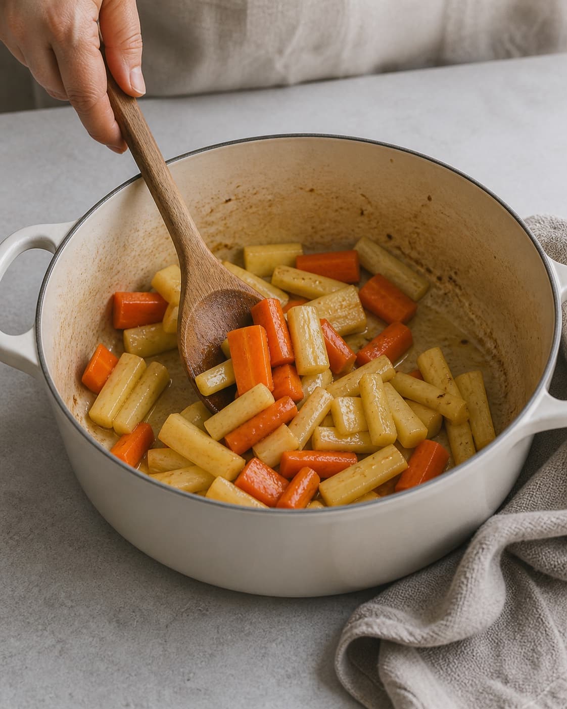 One single photorealistic instructional frame of aromatic vegetables softening in the same heavy pot for Alt i en gryde med kylling og rodfrugter, featuring kylling, gulerødder, pastinak, with only the named equipment and no unrelated food, text, logos or packaging under tilberedningen af alt i en gryde med kylling og rodfrugter