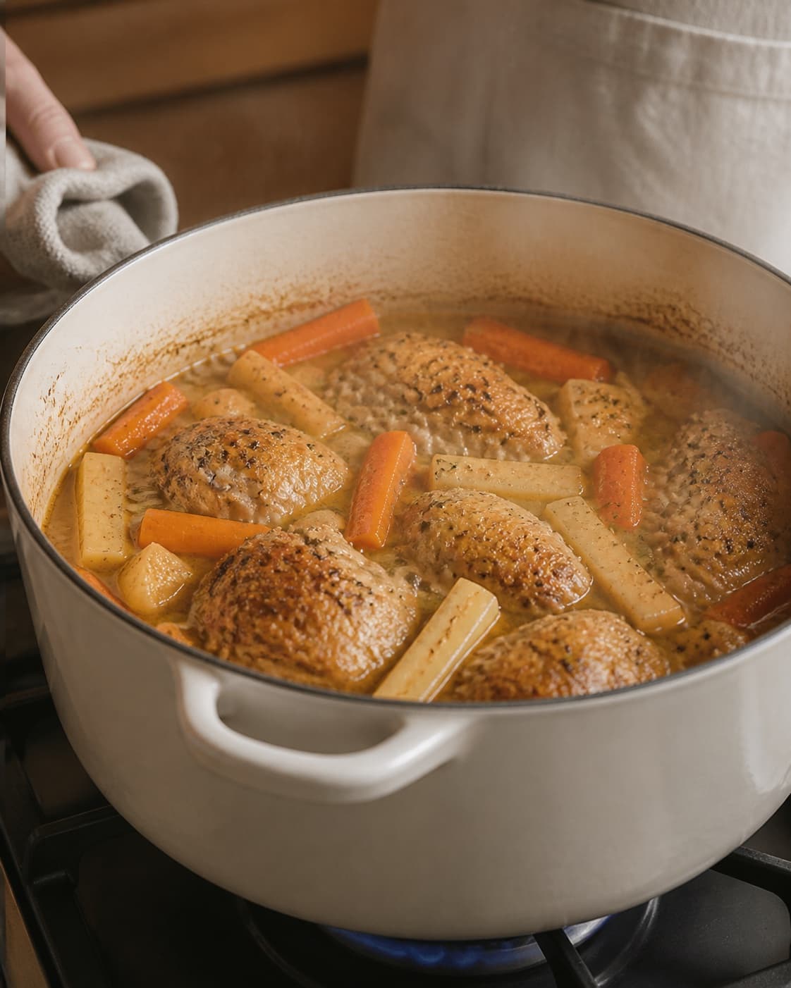One single photorealistic instructional frame of the stew gently braising with tender meat and vegetables for Alt i en gryde med kylling og rodfrugter, featuring kylling, gulerødder, pastinak, with only the named equipment and no unrelated food, text, logos or packaging under tilberedningen af alt i en gryde med kylling og rodfrugter