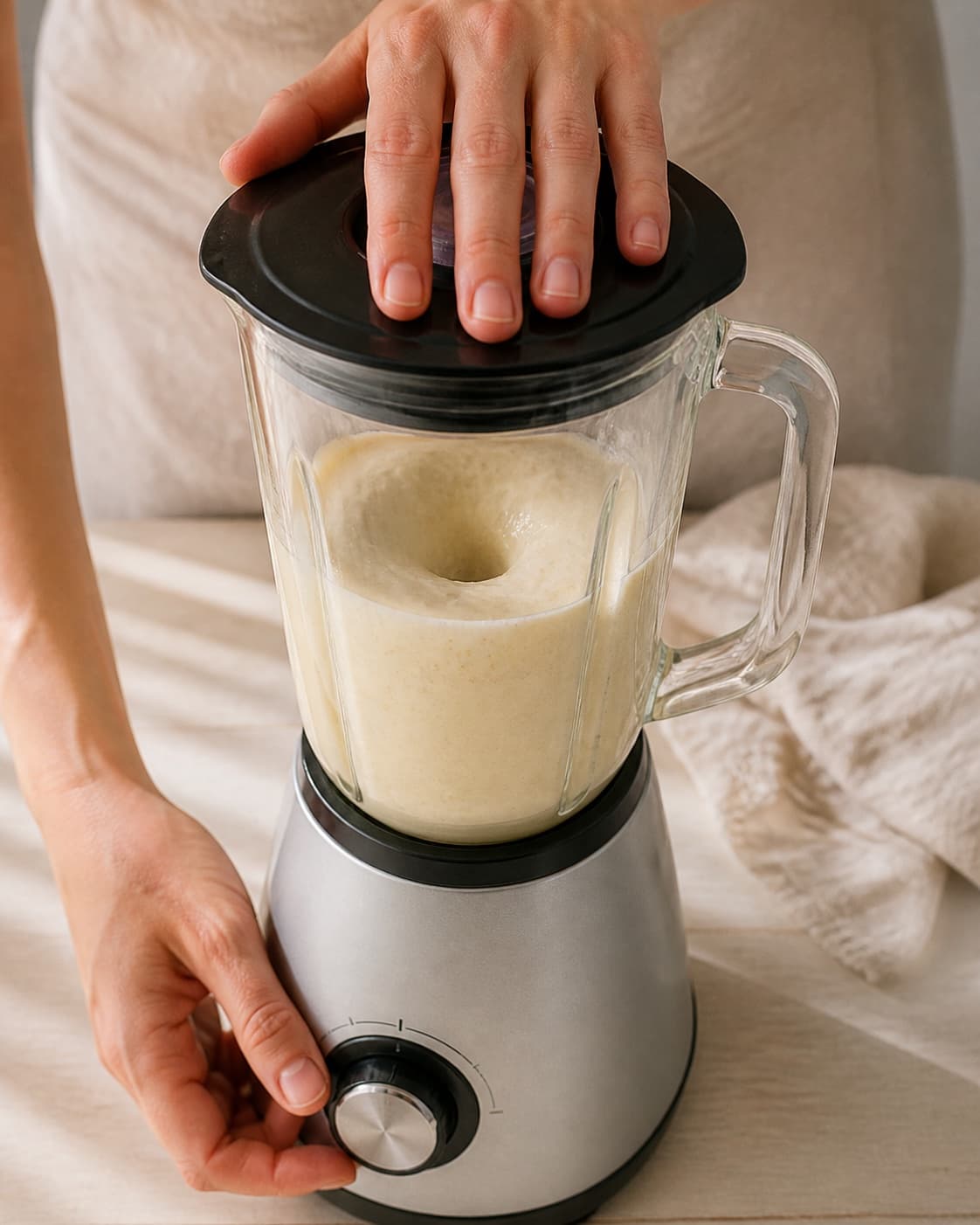 One single photorealistic instructional frame of the final colorful smoothie blending until thick and uniform for Bananmilkshake med vaniljeis, featuring banan, vaniljeis, mælk, with only the named equipment and no unrelated food, text, logos or packaging under tilberedningen af bananmilkshake med vaniljeis
