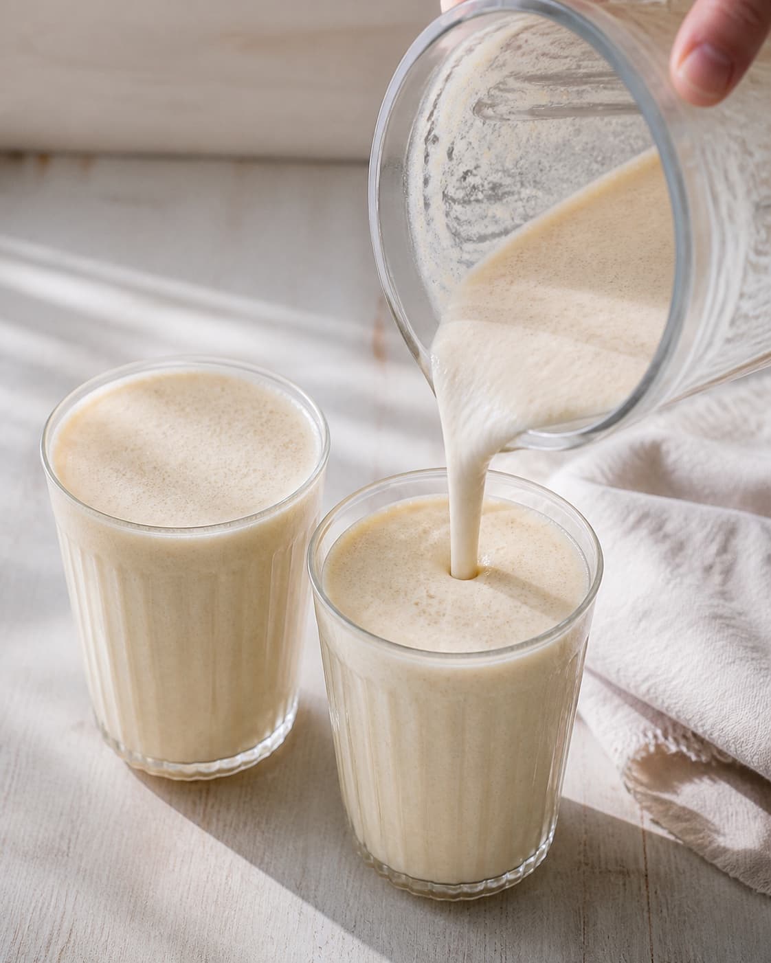 One single photorealistic instructional frame of the finished smoothie poured into clean chilled glasses or bowls for Bananmilkshake med vaniljeis, featuring banan, vaniljeis, mælk, with only the named equipment and no unrelated food, text, logos or packaging under tilberedningen af bananmilkshake med vaniljeis