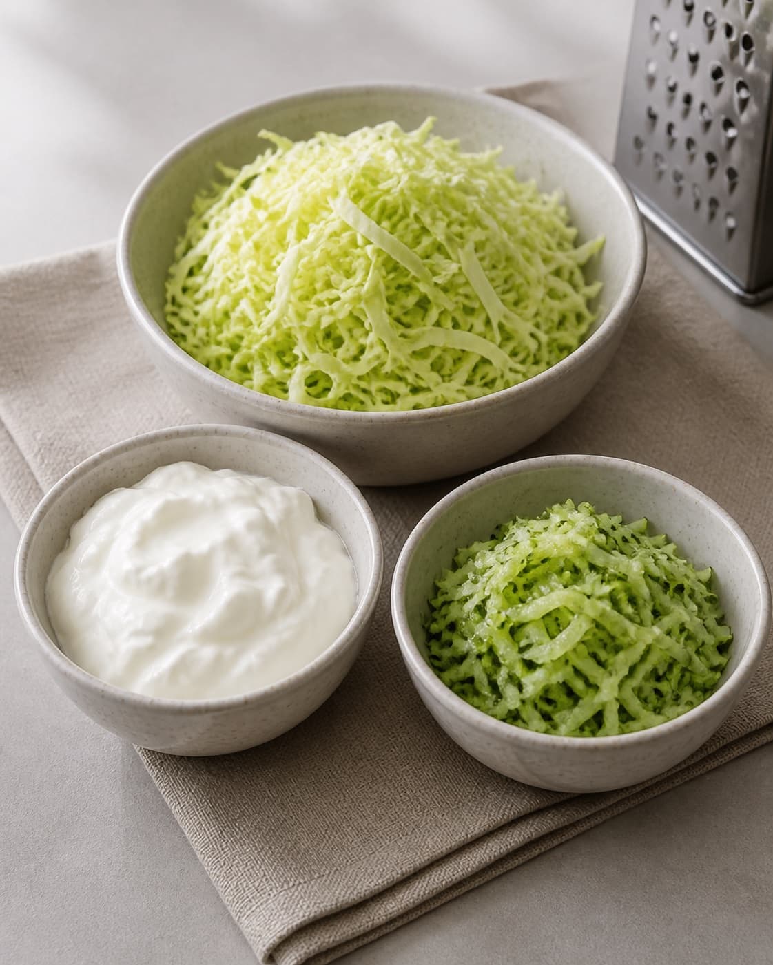 One single photorealistic instructional frame of the dip ingredients measured in separate small bowls for Spidskål tzatziki, featuring spidskål, græsk yoghurt, agurk, with only the named equipment and no unrelated food, text, logos or packaging under tilberedningen af spidskål tzatziki