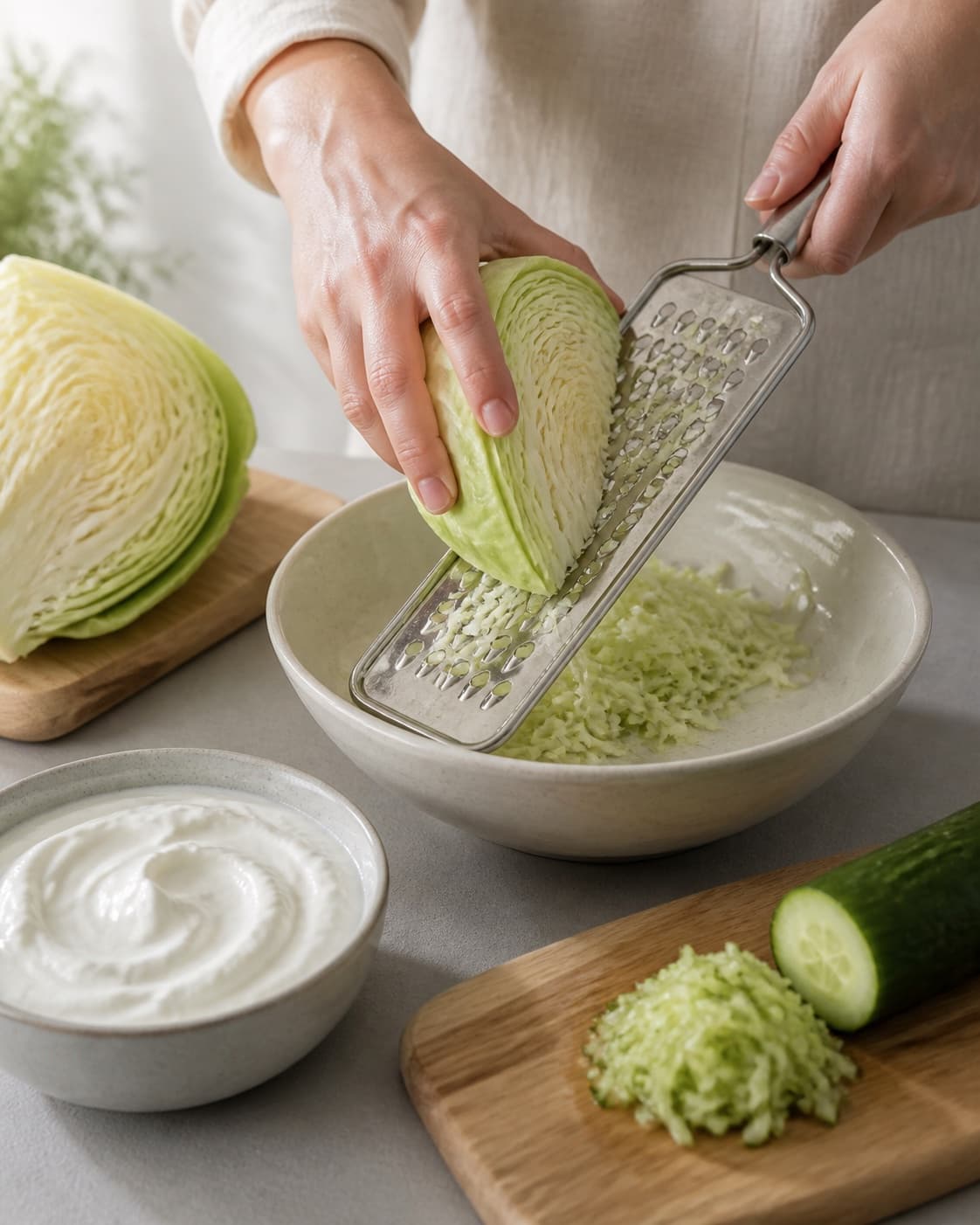 One single photorealistic instructional frame of the recipe-specific flavor elements being prepared for Spidskål tzatziki, featuring spidskål, græsk yoghurt, agurk, with only the named equipment and no unrelated food, text, logos or packaging under tilberedningen af spidskål tzatziki