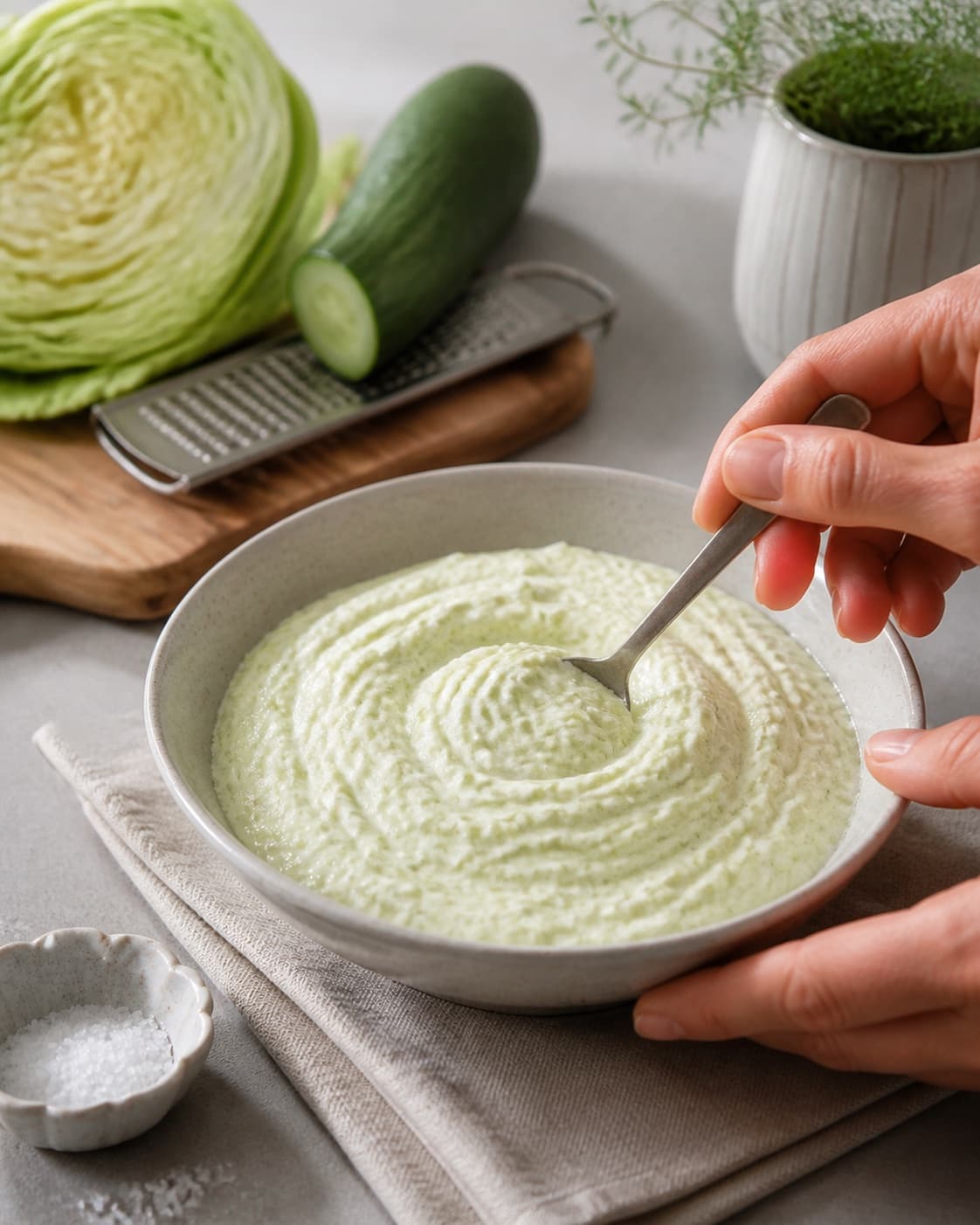One single photorealistic instructional frame of the dip blending into a smooth cohesive texture for Spidskål tzatziki, featuring spidskål, græsk yoghurt, agurk, with only the named equipment and no unrelated food, text, logos or packaging under tilberedningen af spidskål tzatziki