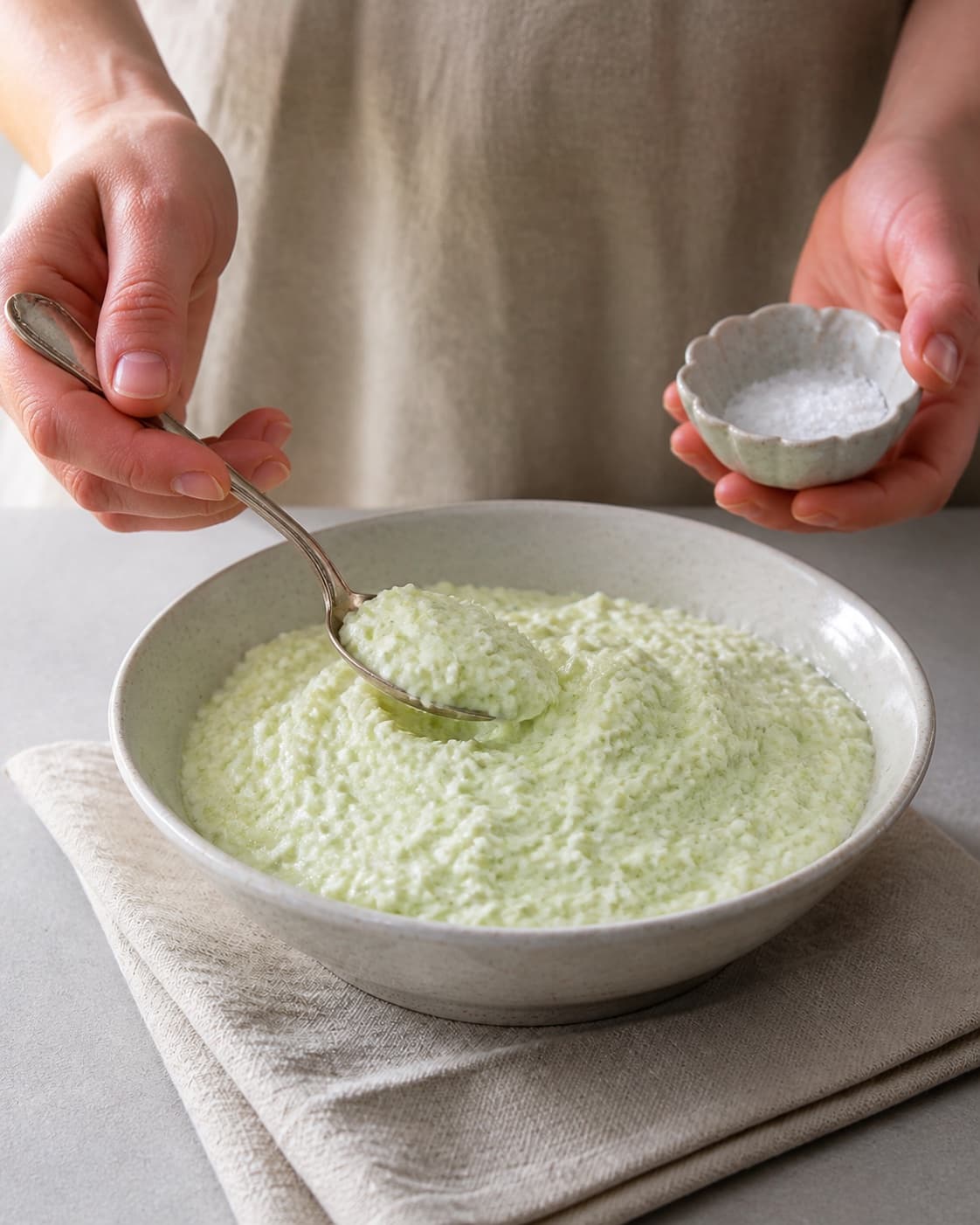 One single photorealistic instructional frame of one bowl of finished dip being tasted and adjusted for Spidskål tzatziki, featuring spidskål, græsk yoghurt, agurk, with only the named equipment and no unrelated food, text, logos or packaging under tilberedningen af spidskål tzatziki