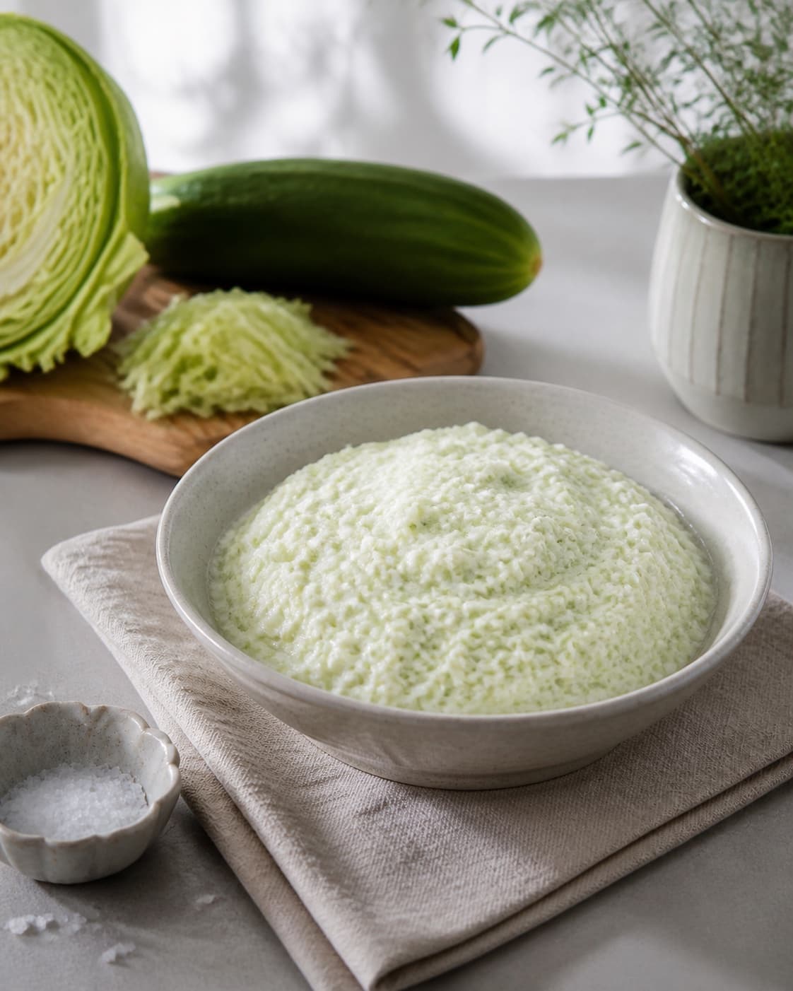 One single photorealistic instructional frame of the completed dip in one clean bowl after chilling for Spidskål tzatziki, featuring spidskål, græsk yoghurt, agurk, with only the named equipment and no unrelated food, text, logos or packaging under tilberedningen af spidskål tzatziki