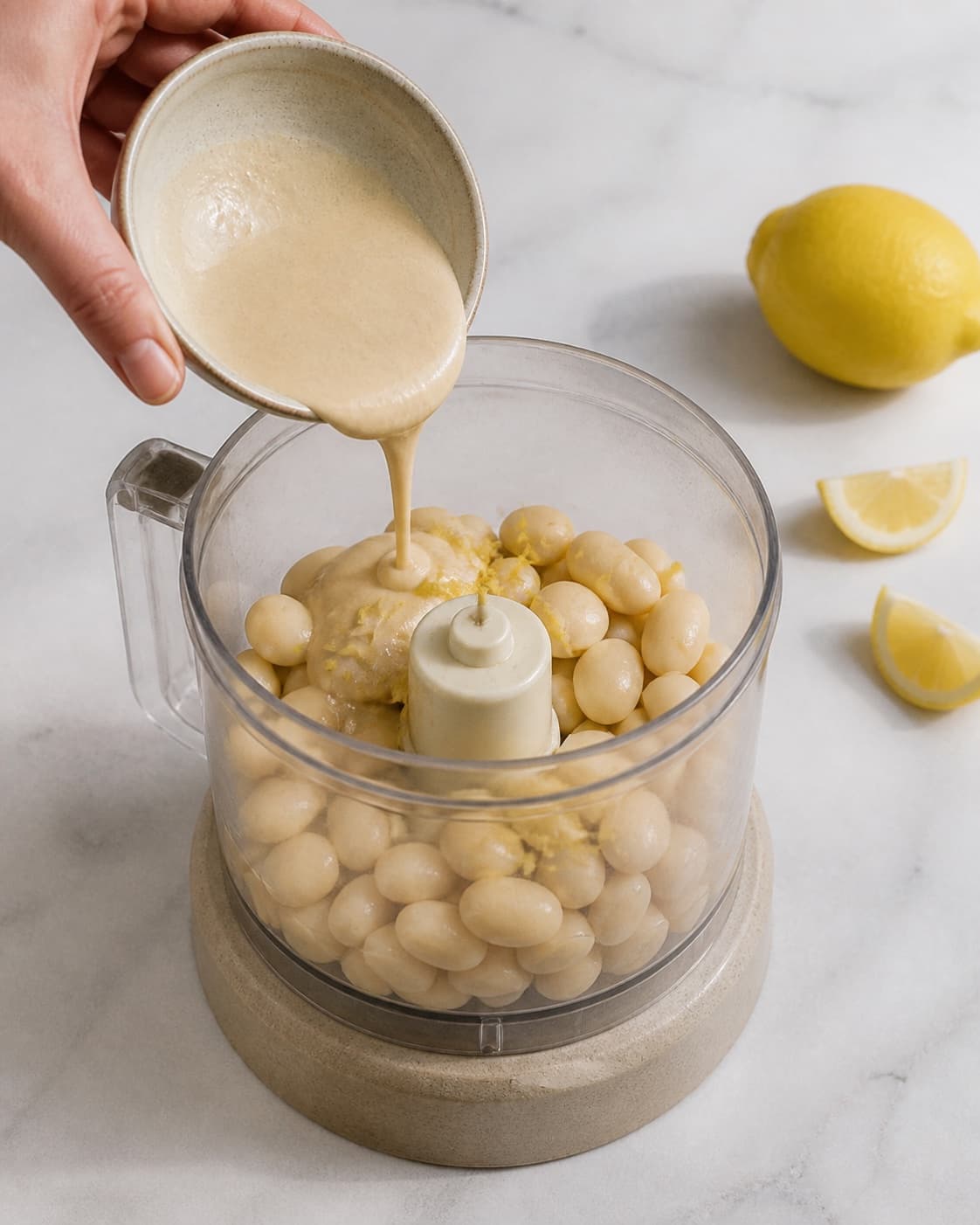 One single photorealistic instructional frame of the recipe-specific flavor elements being prepared for Butterbeans hummus, featuring butterbeans, tahin, citron, with only the named equipment and no unrelated food, text, logos or packaging under tilberedningen af butterbeans hummus