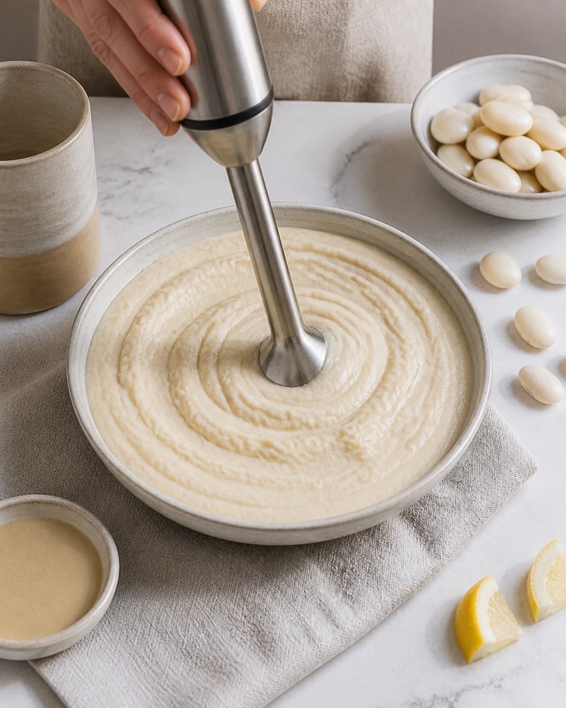 One single photorealistic instructional frame of the dip blending into a smooth cohesive texture for Butterbeans hummus, featuring butterbeans, tahin, citron, with only the named equipment and no unrelated food, text, logos or packaging under tilberedningen af butterbeans hummus