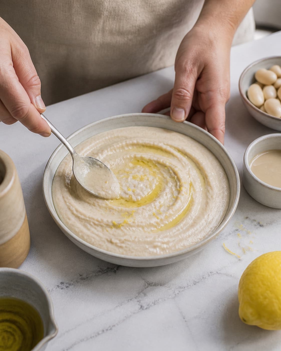 One single photorealistic instructional frame of one bowl of finished dip being tasted and adjusted for Butterbeans hummus, featuring butterbeans, tahin, citron, with only the named equipment and no unrelated food, text, logos or packaging under tilberedningen af butterbeans hummus