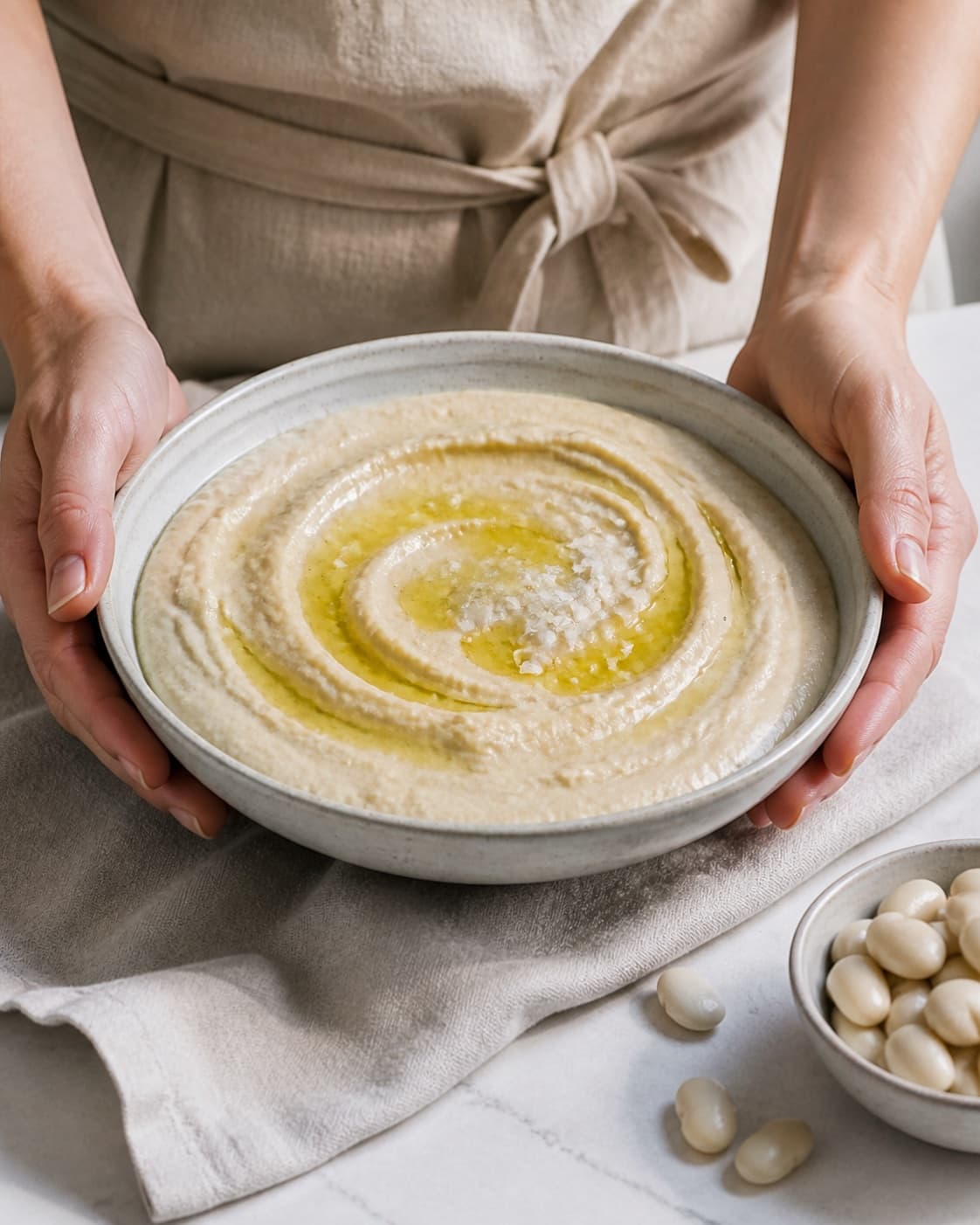 One single photorealistic instructional frame of the completed dip in one clean bowl after chilling for Butterbeans hummus, featuring butterbeans, tahin, citron, with only the named equipment and no unrelated food, text, logos or packaging under tilberedningen af butterbeans hummus