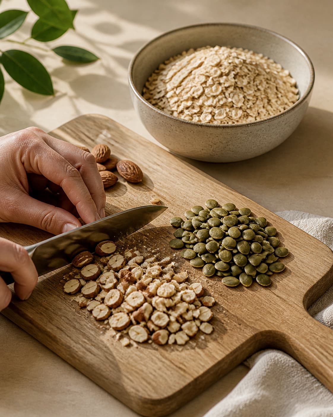 One single photorealistic instructional frame of the main ingredient trimmed cut and dried before roasting for Müsli ristet i ovnen, featuring havregryn, mandler, græskarkerner, with only the named equipment and no unrelated food, text, logos or packaging under tilberedningen af müsli ristet i ovnen