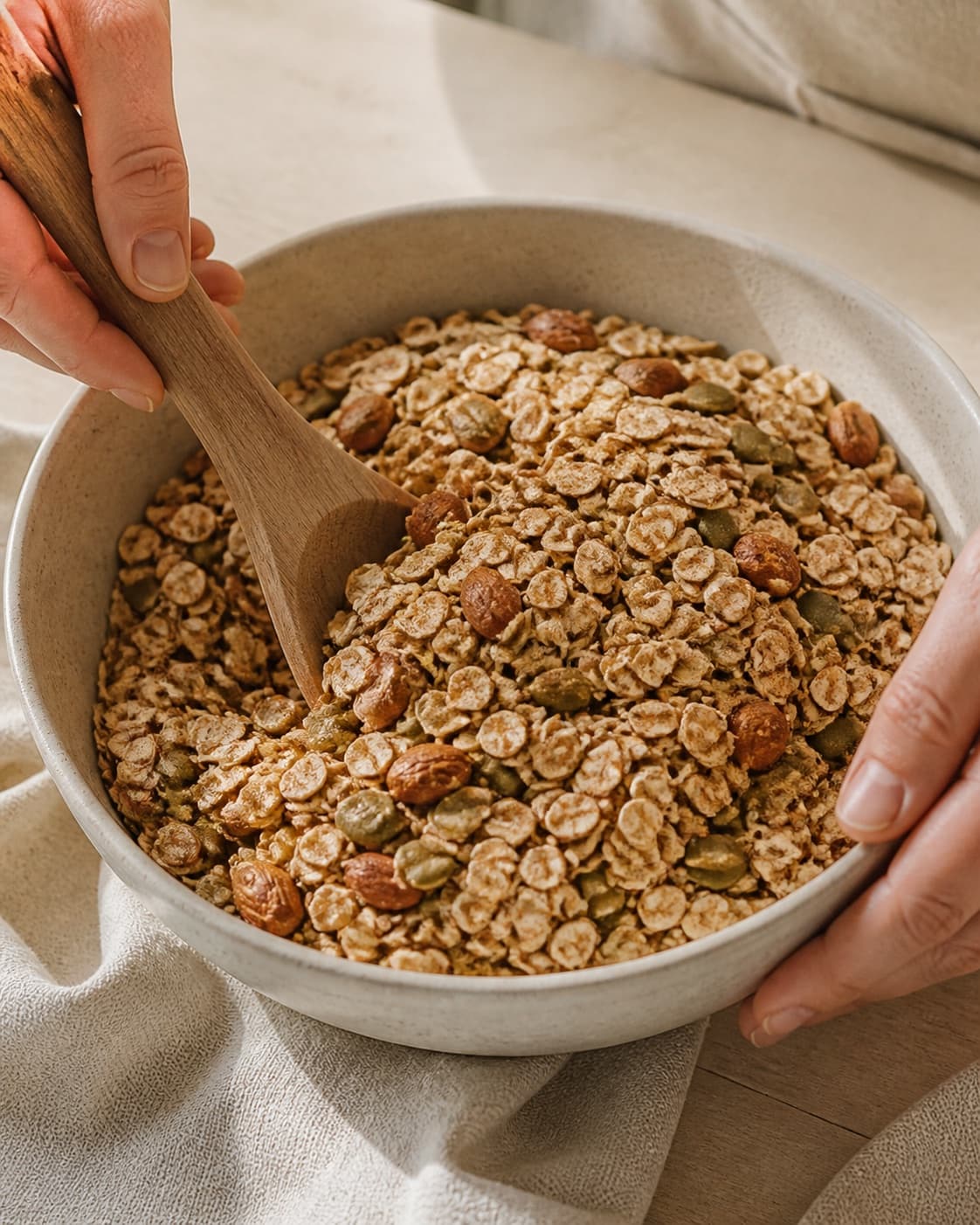 One single photorealistic instructional frame of the main ingredient being evenly coated with seasoning for Müsli ristet i ovnen, featuring havregryn, mandler, græskarkerner, with only the named equipment and no unrelated food, text, logos or packaging under tilberedningen af müsli ristet i ovnen