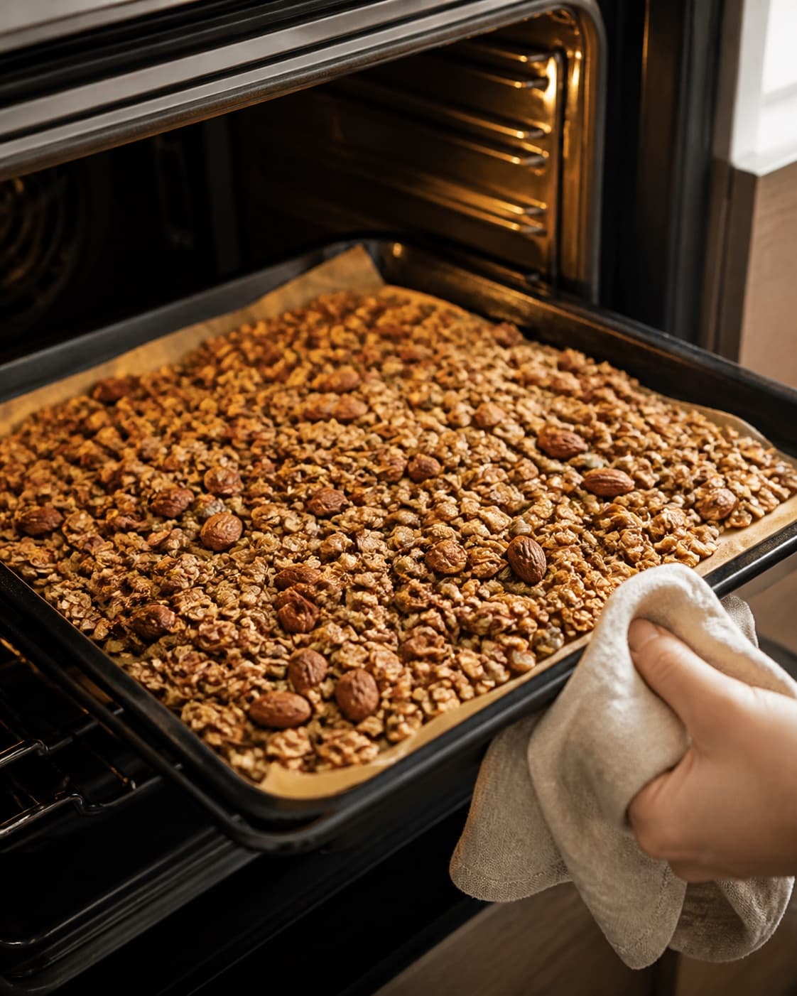 One single photorealistic instructional frame of the seasoned main ingredient roasting until properly cooked for Müsli ristet i ovnen, featuring havregryn, mandler, græskarkerner, with only the named equipment and no unrelated food, text, logos or packaging under tilberedningen af müsli ristet i ovnen