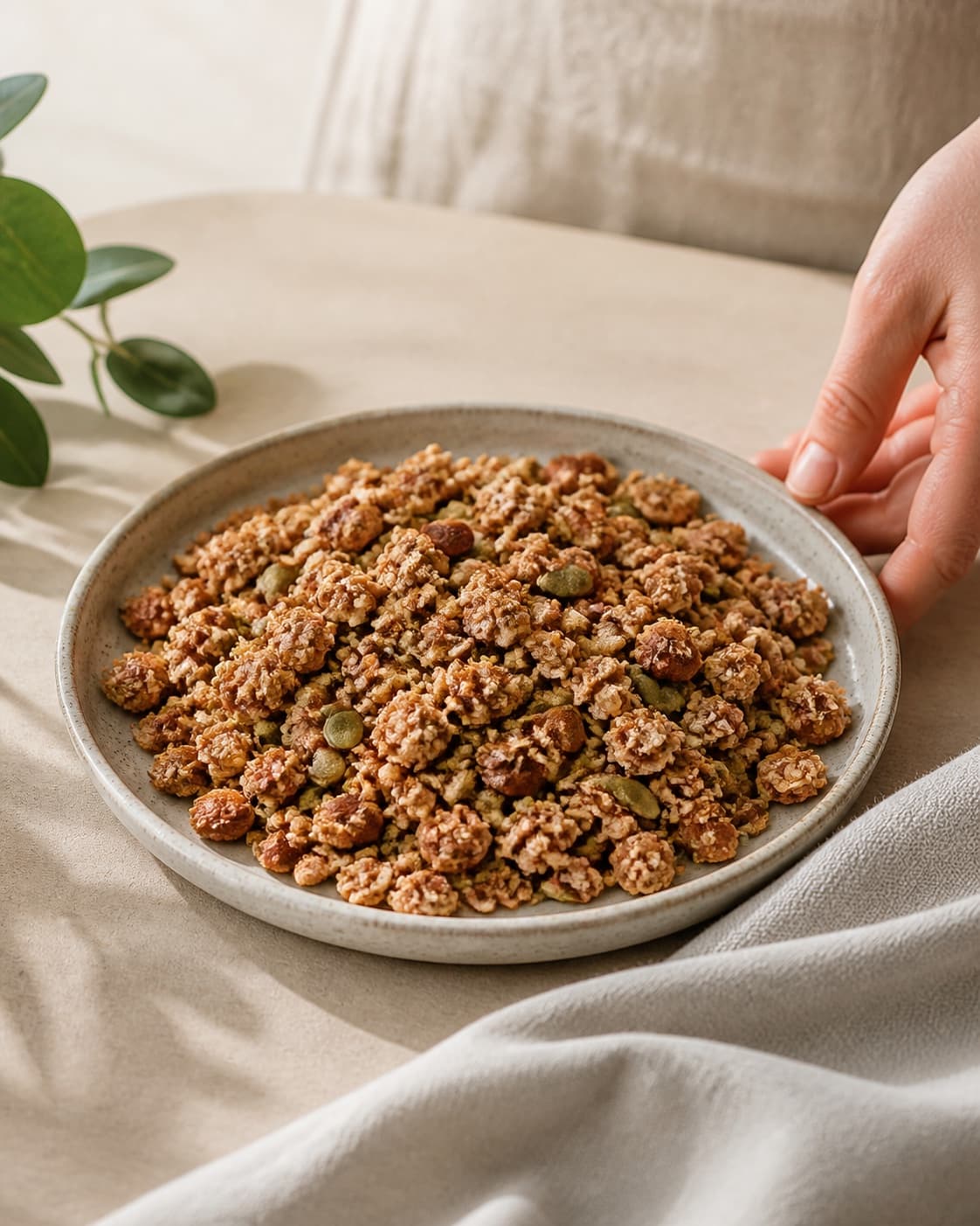 One single photorealistic instructional frame of the finished roasted dish portioned on one serving platter for Müsli ristet i ovnen, featuring havregryn, mandler, græskarkerner, with only the named equipment and no unrelated food, text, logos or packaging under tilberedningen af müsli ristet i ovnen