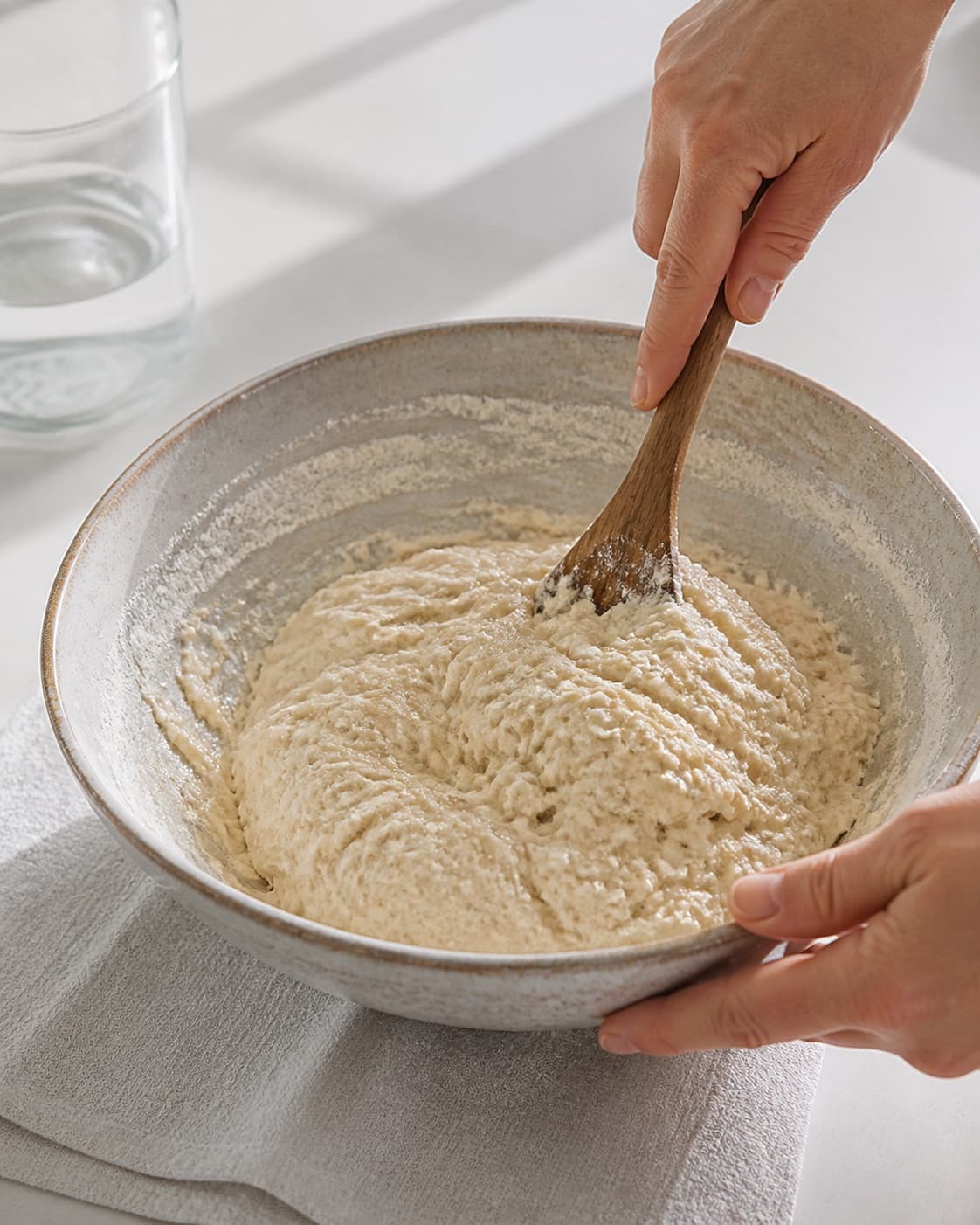 One single photorealistic instructional frame of soft bread dough mixing in one bowl for Verdens bedste hjemmebagte boller - og nemmeste, featuring hvedemel, gær, vand, with only the named equipment and no unrelated food, text, logos or packaging under tilberedningen af verdens bedste hjemmebagte boller - og nemmeste