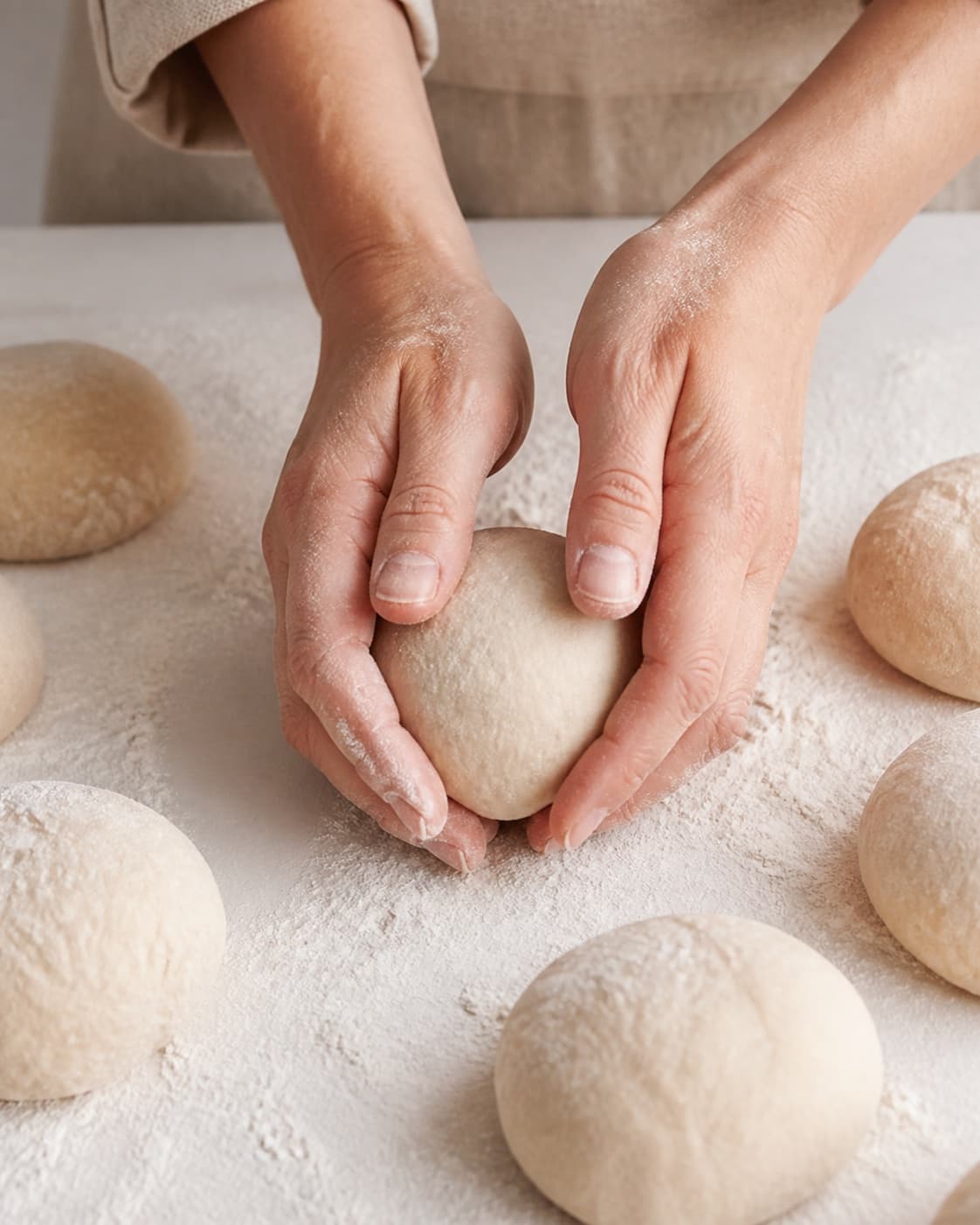 One single photorealistic instructional frame of hands shaping the dough into the recipe-specific form for Verdens bedste hjemmebagte boller - og nemmeste, featuring hvedemel, gær, vand, with only the named equipment and no unrelated food, text, logos or packaging under tilberedningen af verdens bedste hjemmebagte boller - og nemmeste