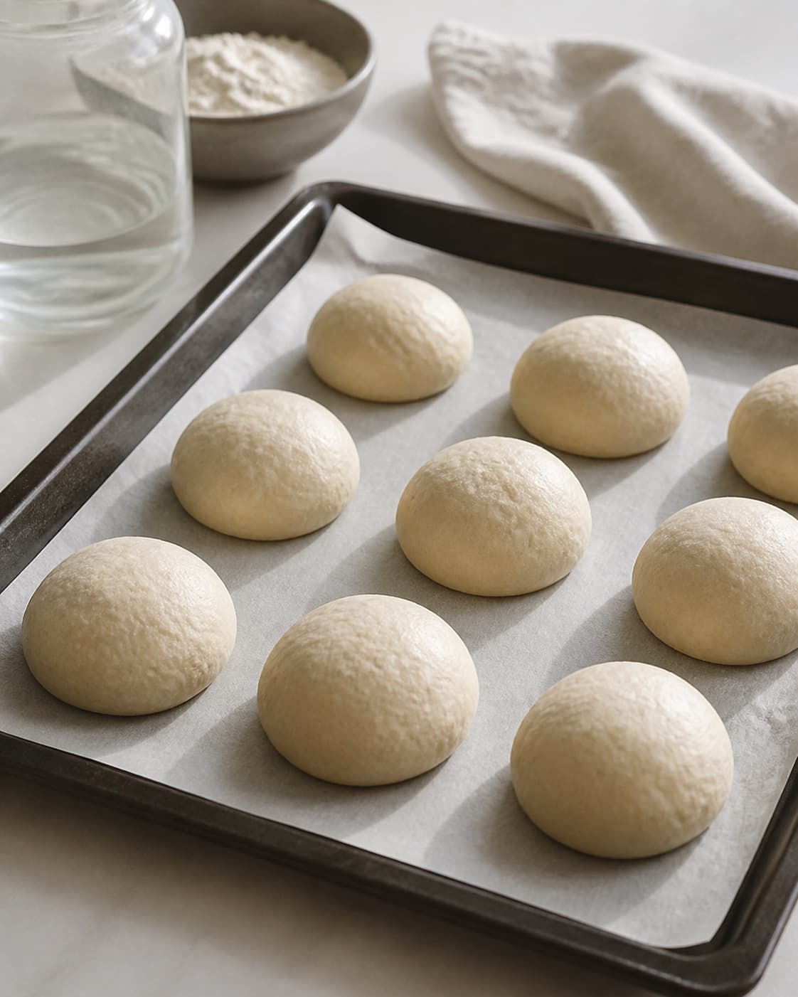 One single photorealistic instructional frame of shaped pale dough pieces visibly risen on one baking tray for Verdens bedste hjemmebagte boller - og nemmeste, featuring hvedemel, gær, vand, with only the named equipment and no unrelated food, text, logos or packaging under tilberedningen af verdens bedste hjemmebagte boller - og nemmeste