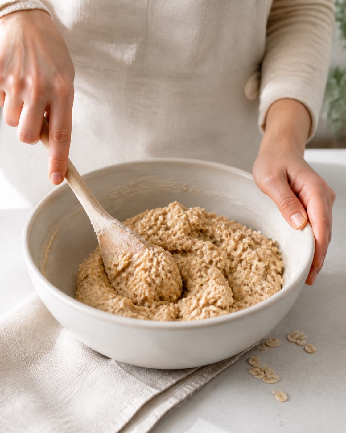 One single photorealistic instructional frame of a cohesive pastry dough being mixed in one bowl for Havregrynskiks, featuring havregryn, hvedemel, smør, with only the named equipment and no unrelated food, text, logos or packaging under tilberedningen af havregrynskiks