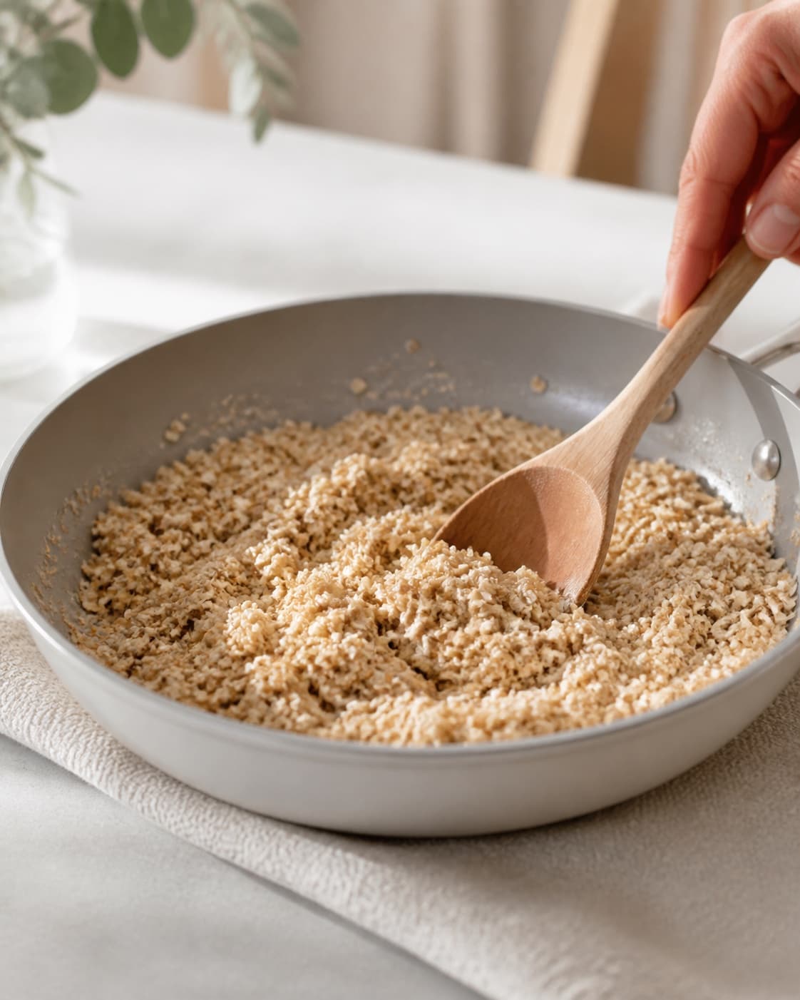 One single photorealistic instructional frame of the recipe-specific filling cooked in one pan for Havregrynskiks, featuring havregryn, hvedemel, smør, with only the named equipment and no unrelated food, text, logos or packaging under tilberedningen af havregrynskiks