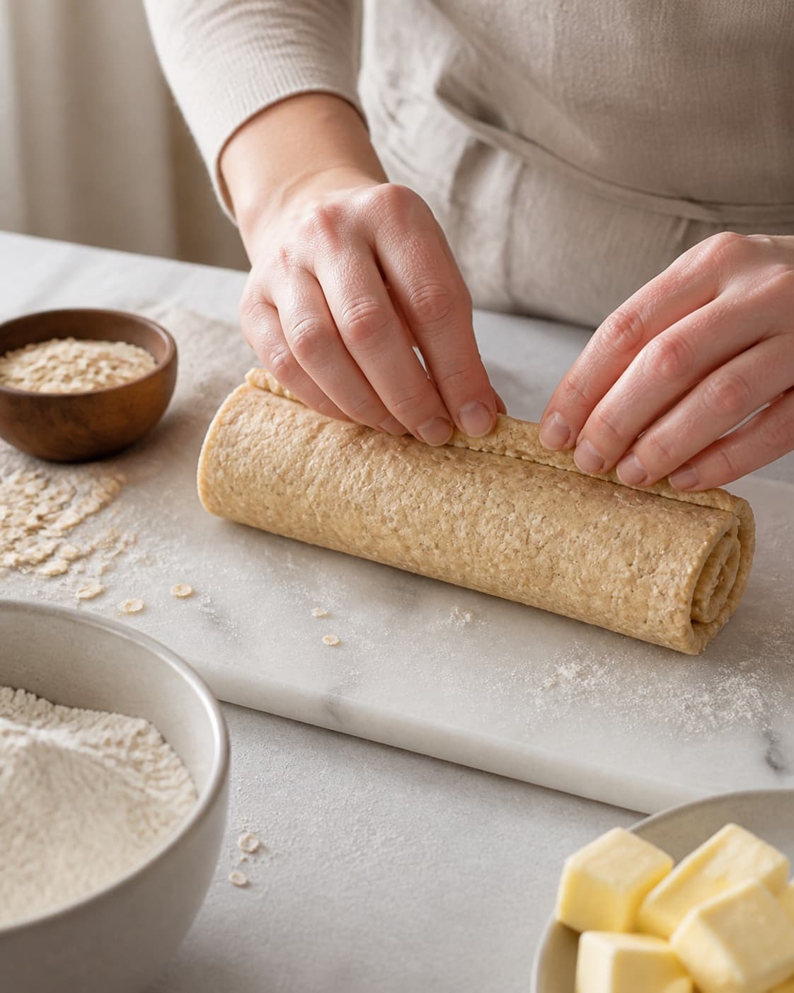 One single photorealistic instructional frame of pastry being rolled filled and sealed by realistic hands for Havregrynskiks, featuring havregryn, hvedemel, smør, with only the named equipment and no unrelated food, text, logos or packaging under tilberedningen af havregrynskiks