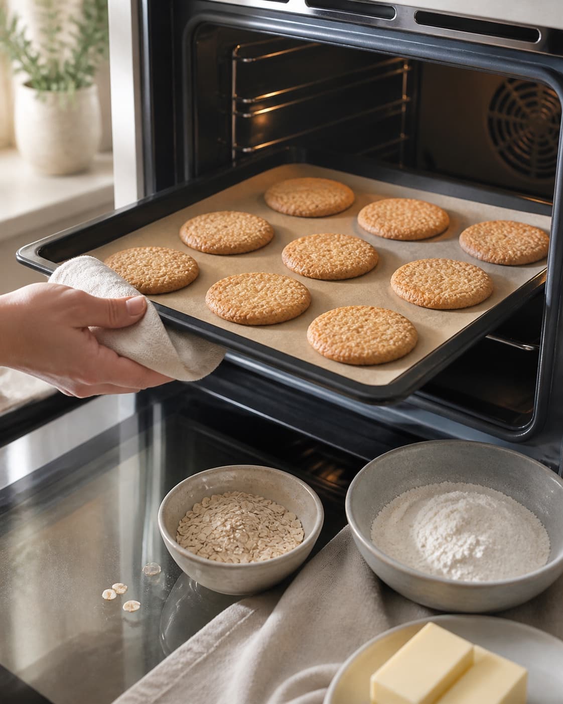 One single photorealistic instructional frame of golden filled pastries baking on one tray for Havregrynskiks, featuring havregryn, hvedemel, smør, with only the named equipment and no unrelated food, text, logos or packaging under tilberedningen af havregrynskiks