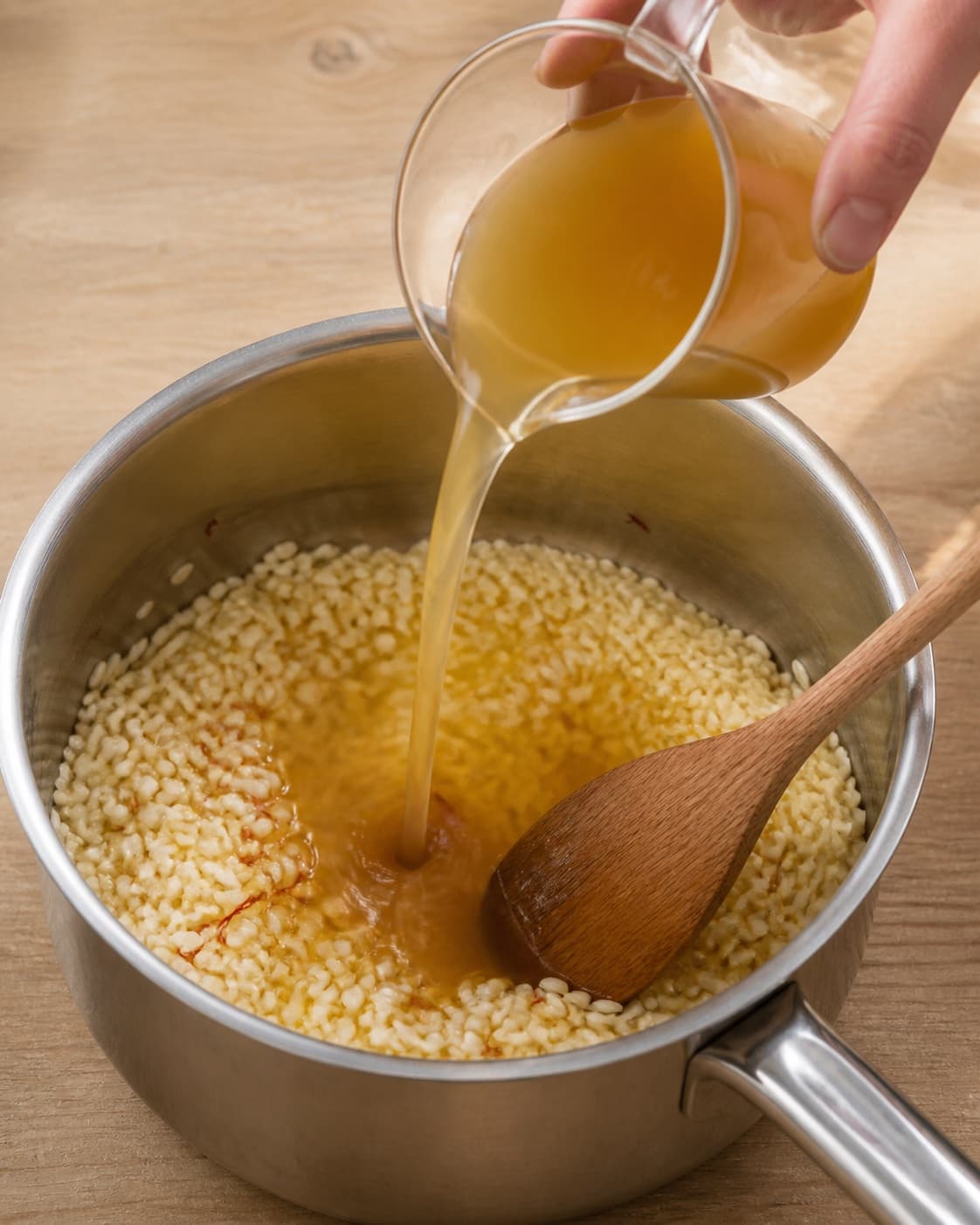 One single photorealistic instructional frame of dark fond dissolving into the added cooking liquid for Safranrisotto, featuring risottoris, safran, grøntsagsfond, with only the named equipment and no unrelated food, text, logos or packaging under tilberedningen af safranrisotto