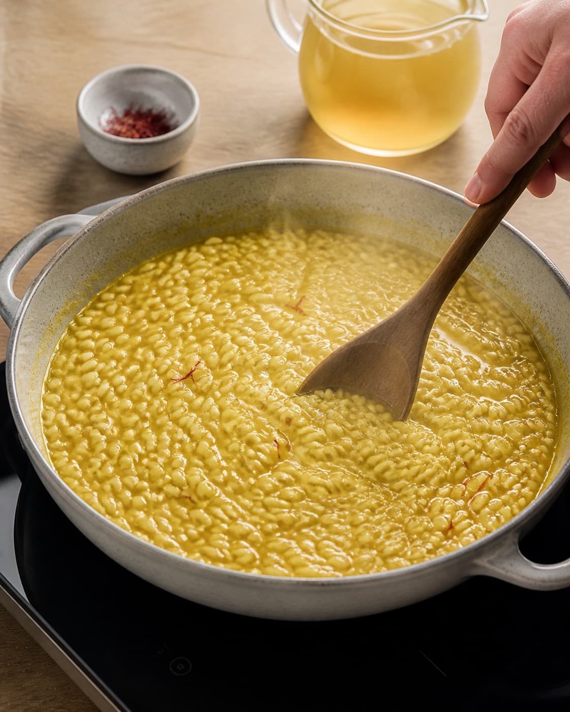One single photorealistic instructional frame of the stew gently braising with tender meat and vegetables for Safranrisotto, featuring risottoris, safran, grøntsagsfond, with only the named equipment and no unrelated food, text, logos or packaging under tilberedningen af safranrisotto
