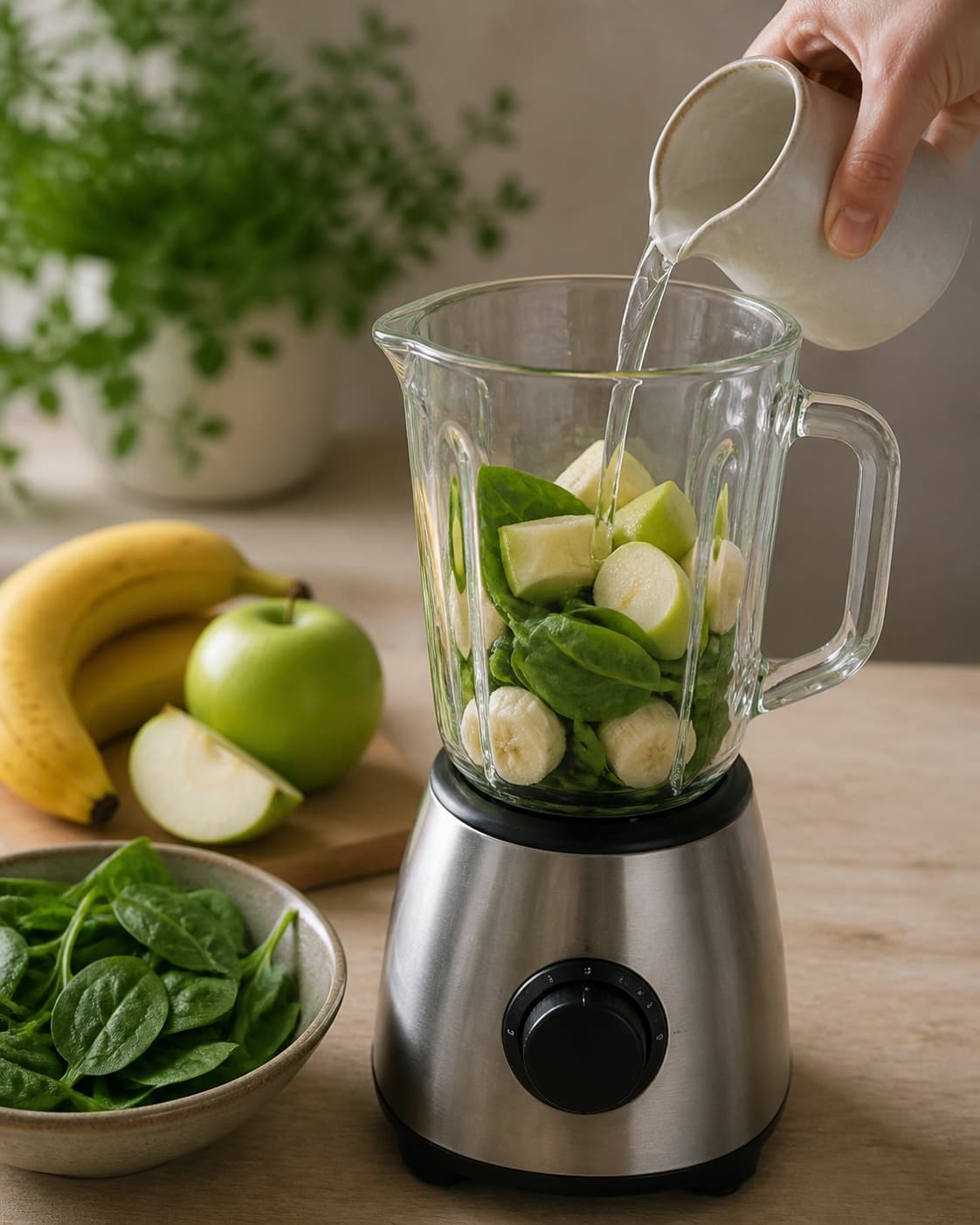 One single photorealistic instructional frame of prepared fruit and measured liquid beside one blender for Spinat Smoothie, featuring spinat, banan, æble, with only the named equipment and no unrelated food, text, logos or packaging under tilberedningen af spinat smoothie