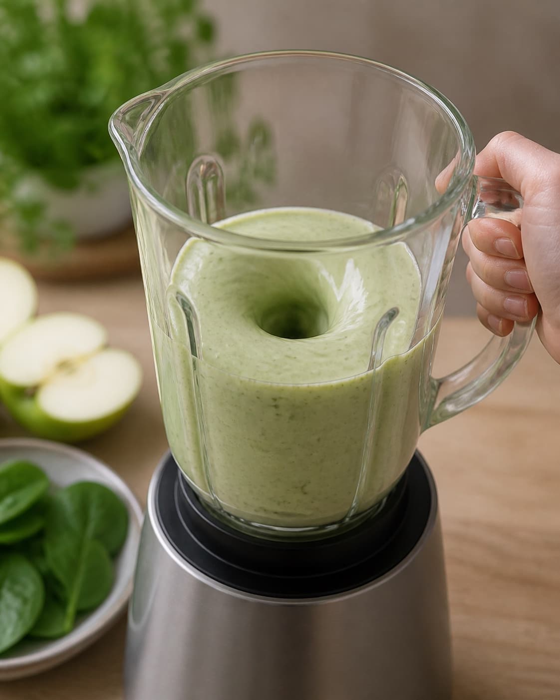 One single photorealistic instructional frame of a smooth pale base swirling inside one blender for Spinat Smoothie, featuring spinat, banan, æble, with only the named equipment and no unrelated food, text, logos or packaging under tilberedningen af spinat smoothie
