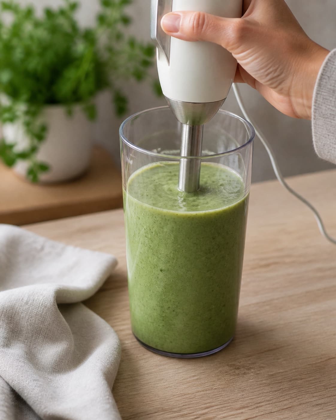 One single photorealistic instructional frame of the final colorful smoothie blending until thick and uniform for Spinat Smoothie, featuring spinat, banan, æble, with only the named equipment and no unrelated food, text, logos or packaging under tilberedningen af spinat smoothie