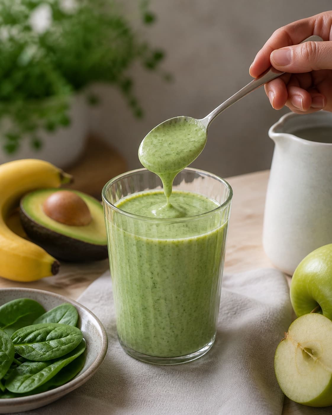 One single photorealistic instructional frame of one spoon checking the thick smoothie consistency for Spinat Smoothie, featuring spinat, banan, æble, with only the named equipment and no unrelated food, text, logos or packaging under tilberedningen af spinat smoothie