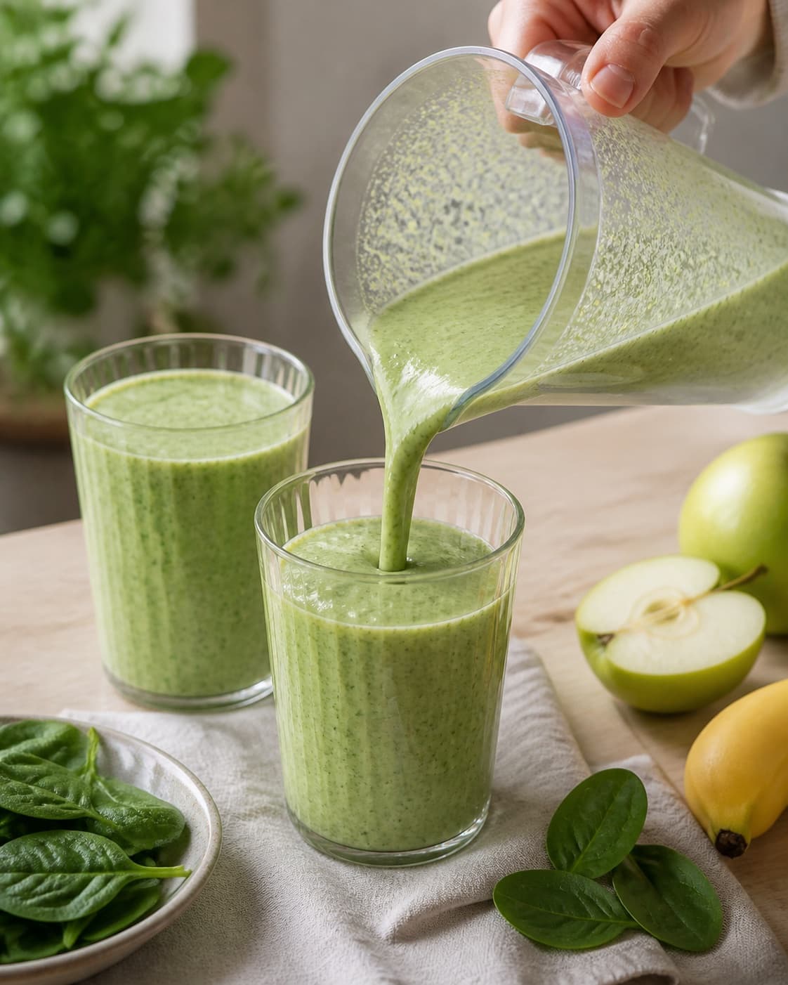 One single photorealistic instructional frame of the finished smoothie poured into clean chilled glasses or bowls for Spinat Smoothie, featuring spinat, banan, æble, with only the named equipment and no unrelated food, text, logos or packaging under tilberedningen af spinat smoothie