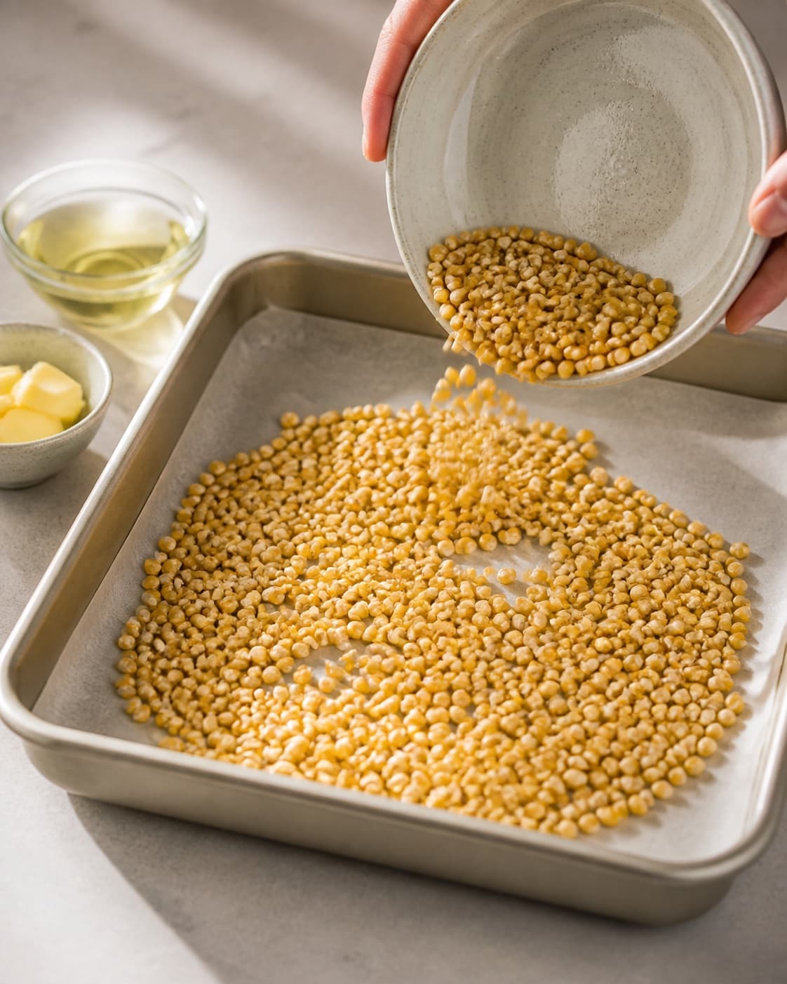 One single photorealistic instructional frame of the main ingredient trimmed cut and dried before roasting for Lakrids popcorn, featuring popcornmajs, rapsolie, smør, with only the named equipment and no unrelated food, text, logos or packaging under tilberedningen af lakrids popcorn