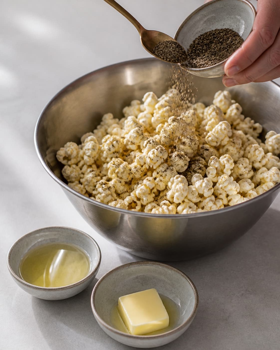 One single photorealistic instructional frame of the main ingredient being evenly coated with seasoning for Lakrids popcorn, featuring popcornmajs, rapsolie, smør, with only the named equipment and no unrelated food, text, logos or packaging under tilberedningen af lakrids popcorn