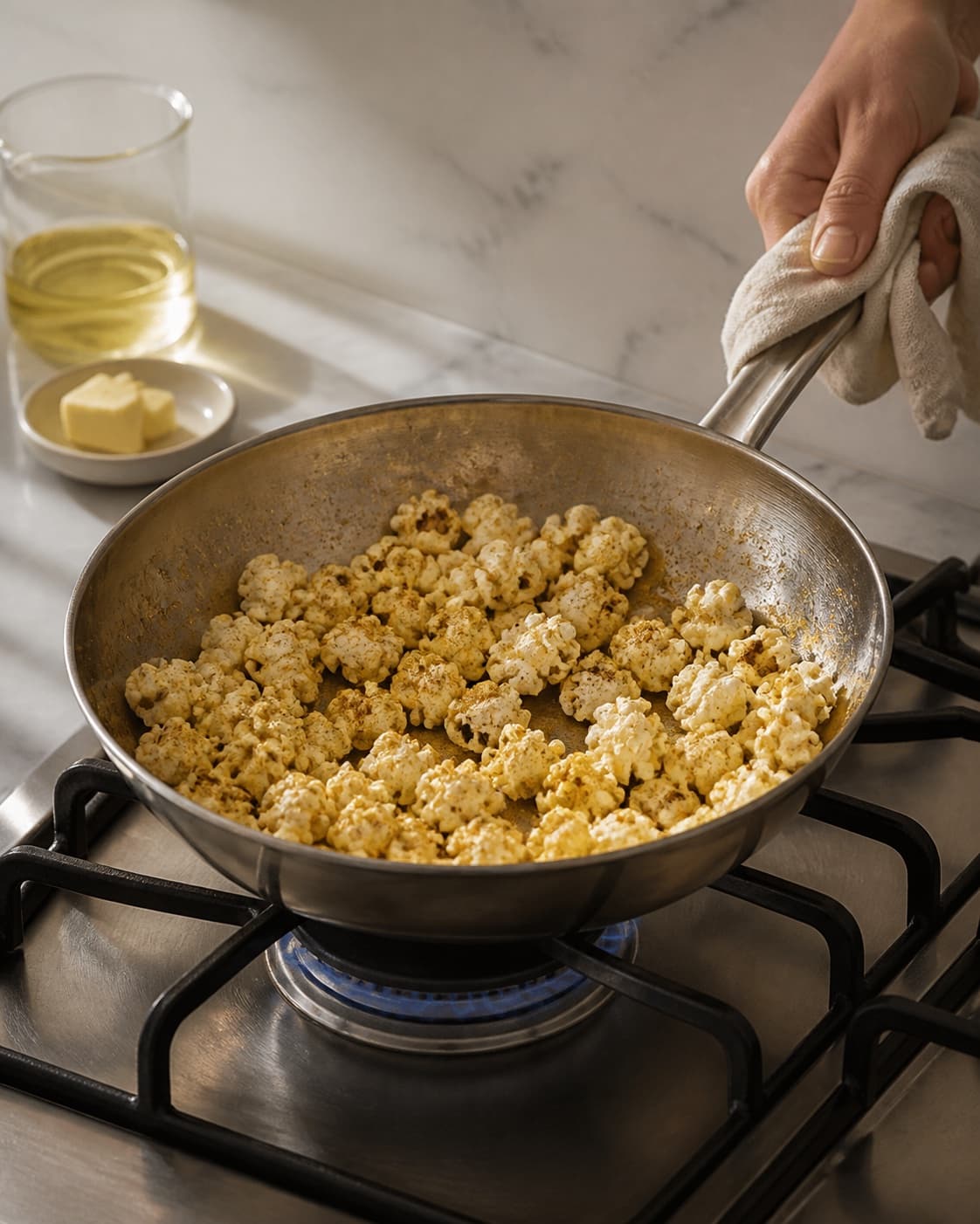 One single photorealistic instructional frame of the seasoned main ingredient roasting until properly cooked for Lakrids popcorn, featuring popcornmajs, rapsolie, smør, with only the named equipment and no unrelated food, text, logos or packaging under tilberedningen af lakrids popcorn