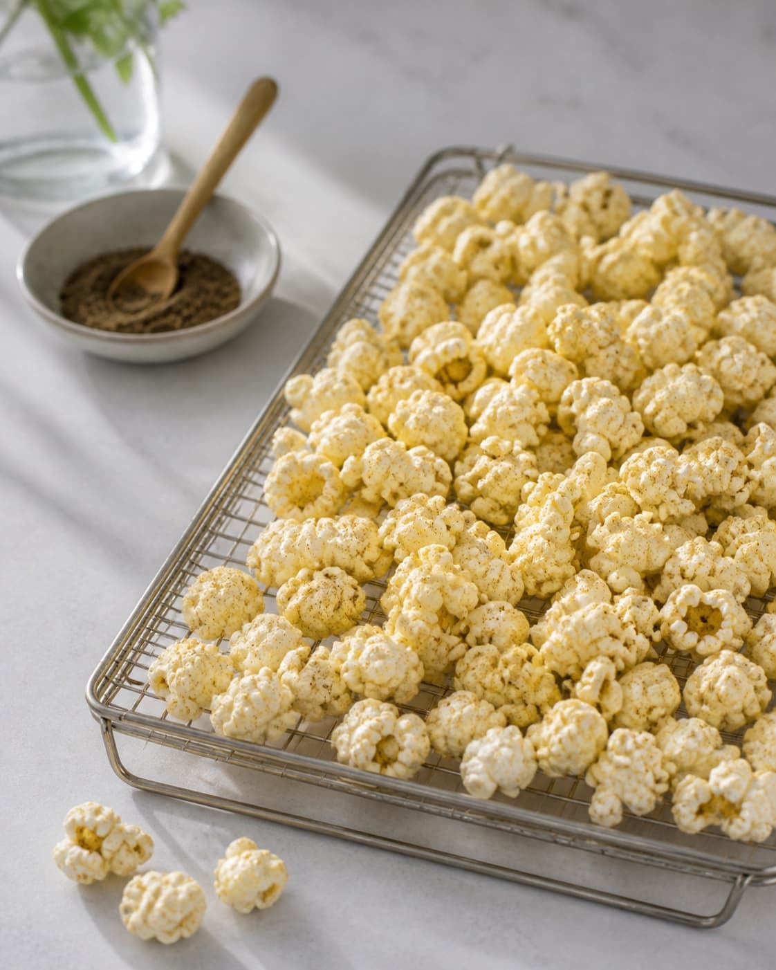 One single photorealistic instructional frame of the cooked ingredient resting uncovered on one rack or platter for Lakrids popcorn, featuring popcornmajs, rapsolie, smør, with only the named equipment and no unrelated food, text, logos or packaging under tilberedningen af lakrids popcorn