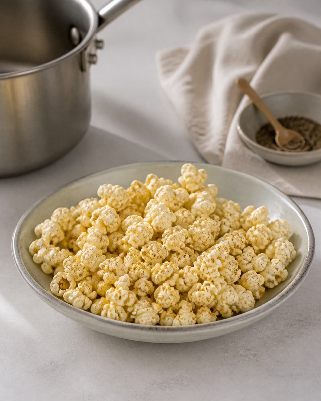 One single photorealistic instructional frame of the finished roasted dish portioned on one serving platter for Lakrids popcorn, featuring popcornmajs, rapsolie, smør, with only the named equipment and no unrelated food, text, logos or packaging under tilberedningen af lakrids popcorn