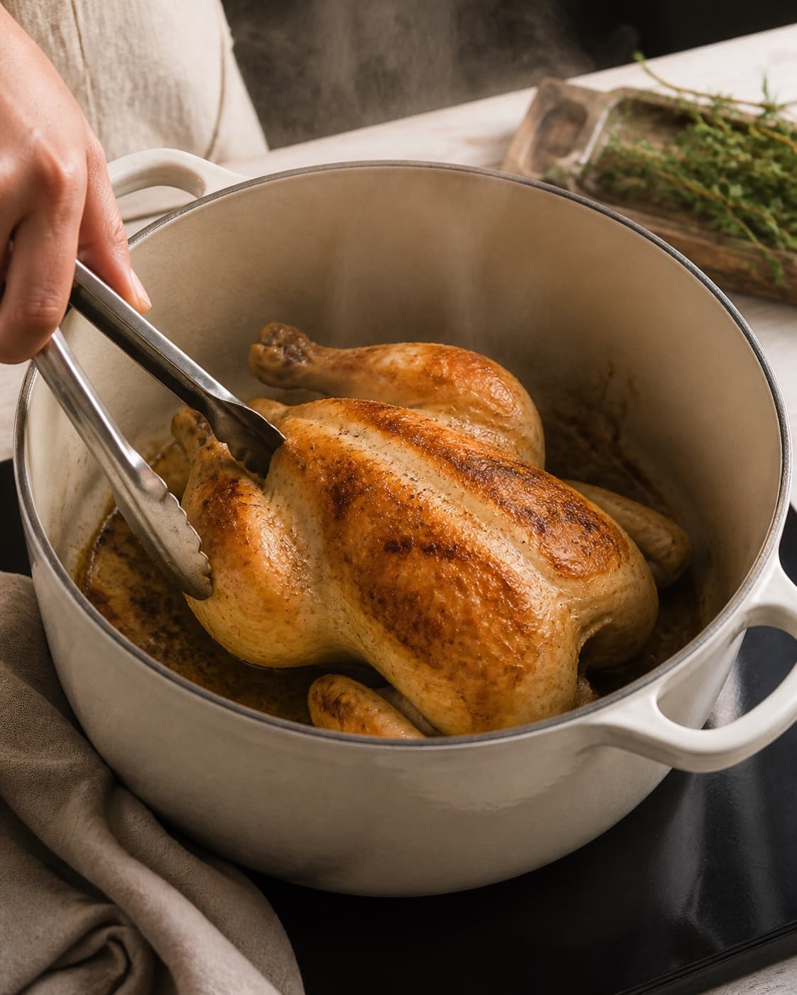 One whole chicken browning on all sides in a heavy pot, no beef cubes or chopped meat under tilberedningen af grydestegt kylling og hjemmelavet kyllingefond - bouillion