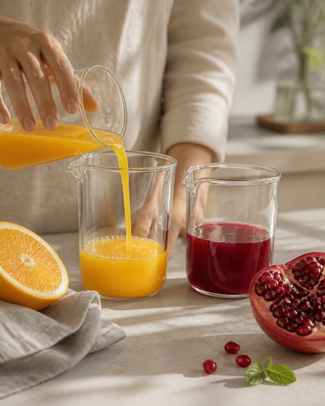 Fresh orange juice and pomegranate juice measured separately, no milk cream eggs or saucepan under tilberedningen af appelsin og granatæble granita