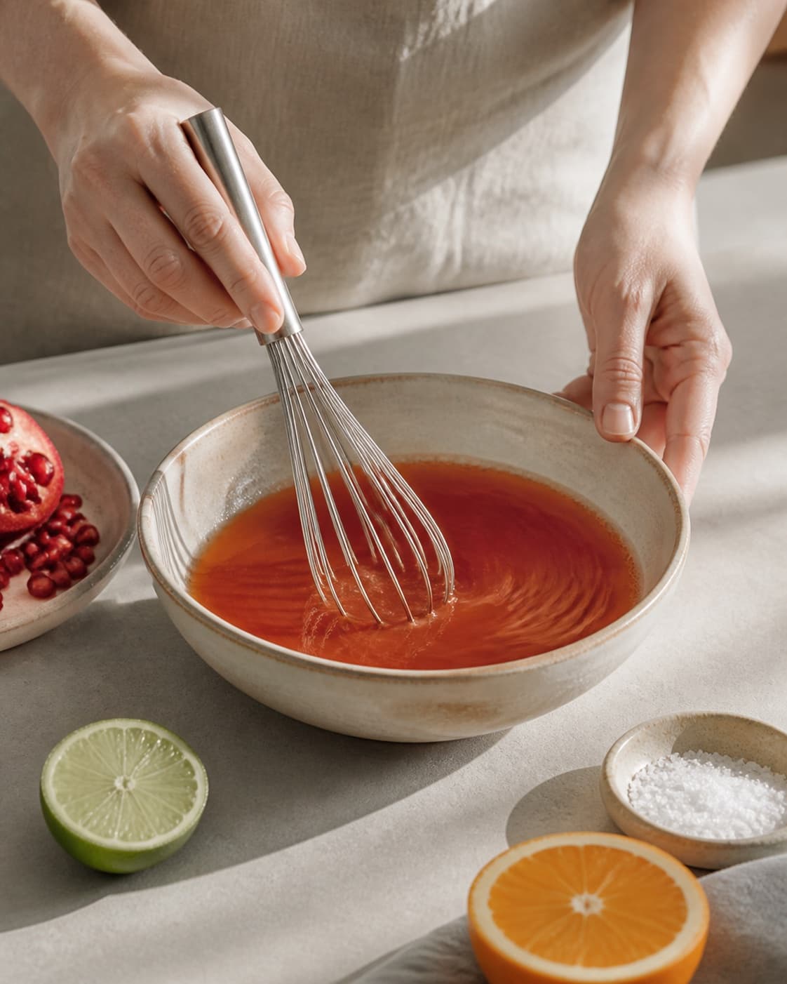 Orange and pomegranate juice being whisked with sugar and lime in one bowl, no egg yolks or custard under tilberedningen af appelsin og granatæble granita
