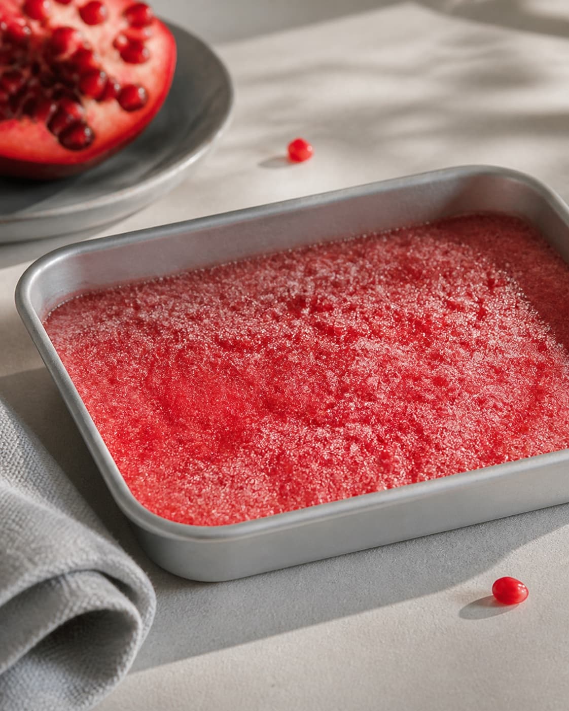 Orange pomegranate granita base freezing in one shallow metal tray with first ice crystals, no custard under tilberedningen af appelsin og granatæble granita