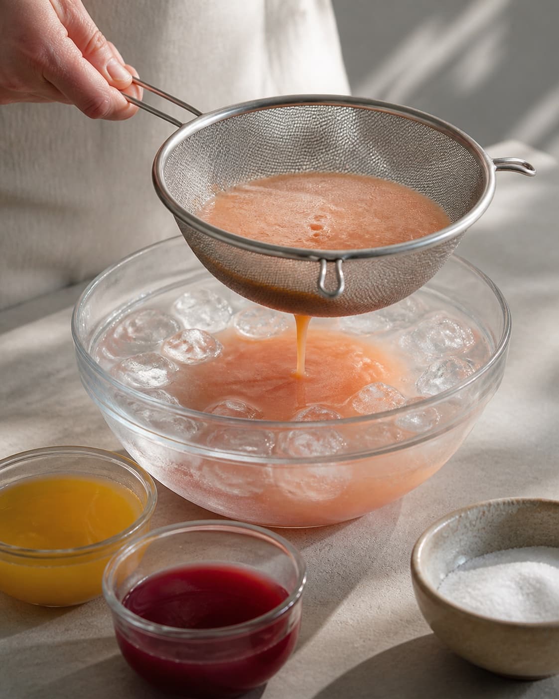 One single photorealistic instructional frame of the strained custard cooling in an ice bath for Appelsin og granatæble granita, featuring appelsinjuice, granatæblejuice, sukker, with only the named equipment and no unrelated food, text, logos or packaging under tilberedningen af appelsin og granatæble granita