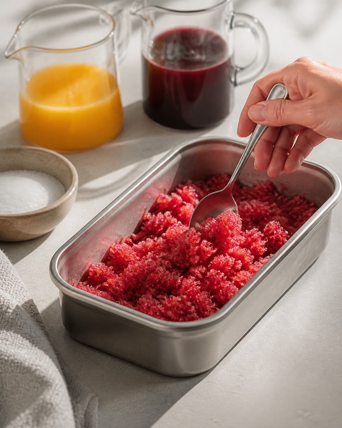 One single photorealistic instructional frame of freshly churned ice cream transferred to one container for Appelsin og granatæble granita, featuring appelsinjuice, granatæblejuice, sukker, with only the named equipment and no unrelated food, text, logos or packaging under tilberedningen af appelsin og granatæble granita