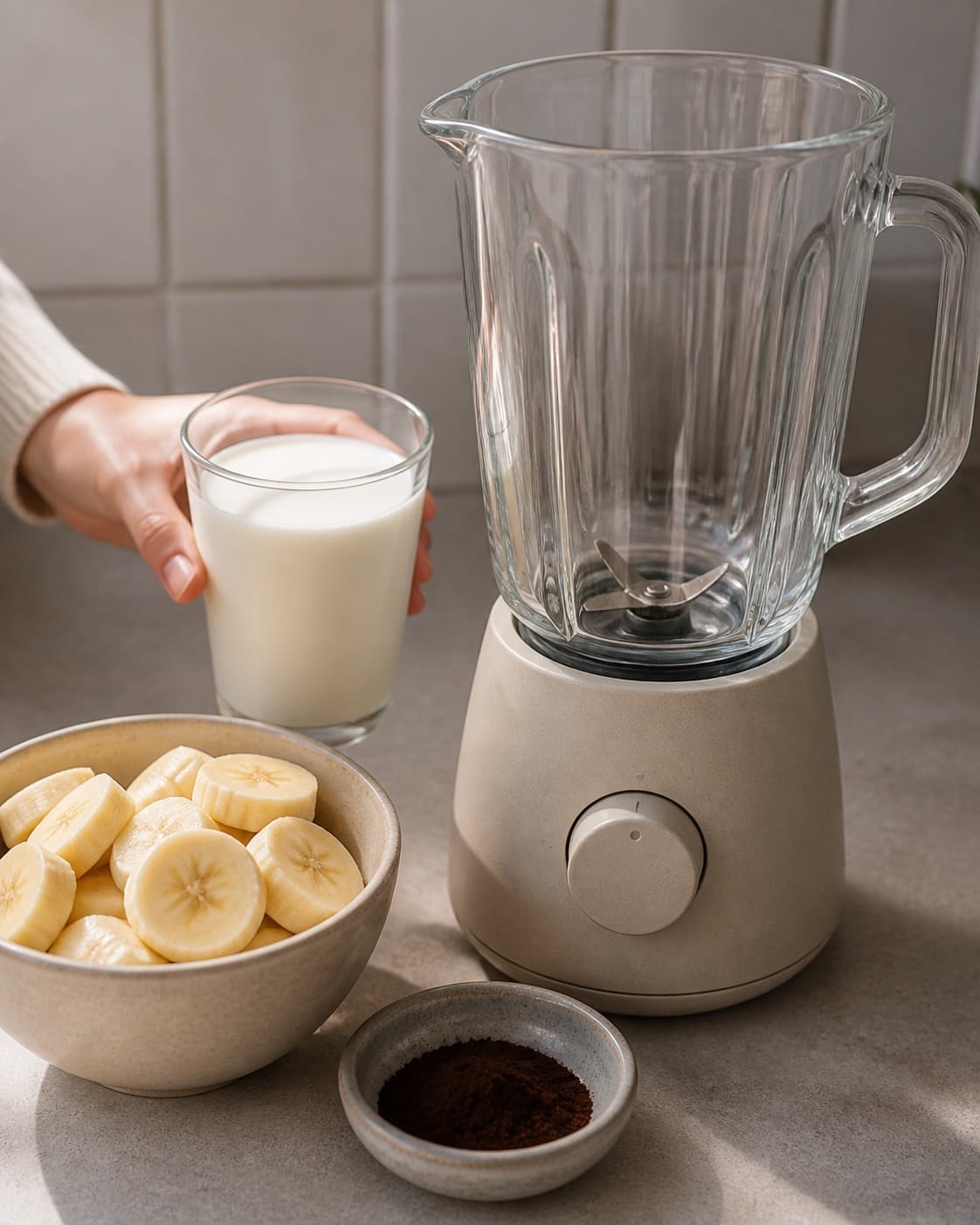One single photorealistic instructional frame of prepared fruit and measured liquid beside one blender for Banan Lakrids Smoothie, featuring banan, lakridspulver, mælk, with only the named equipment and no unrelated food, text, logos or packaging under tilberedningen af banan lakrids smoothie