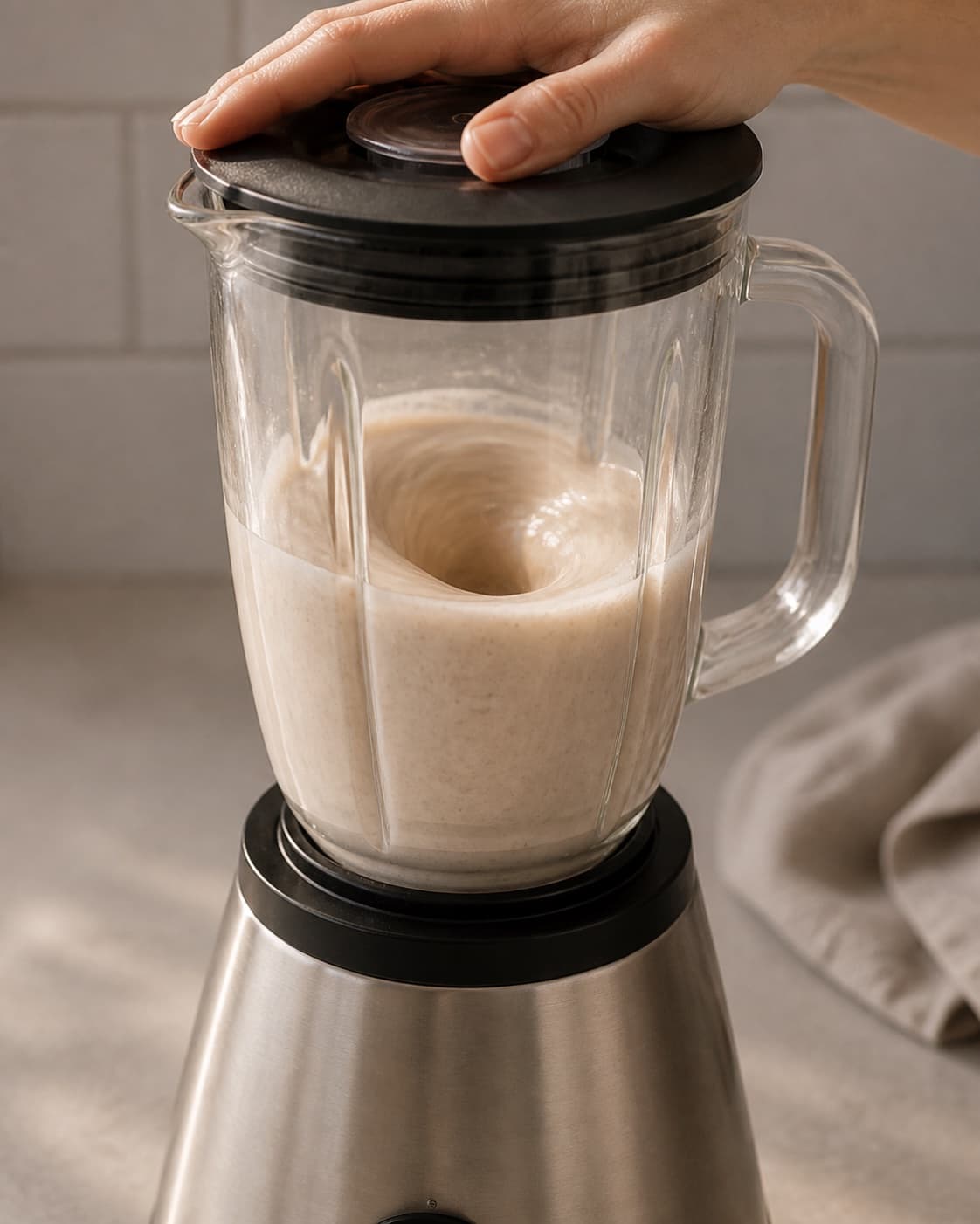 One single photorealistic instructional frame of a smooth pale base swirling inside one blender for Banan Lakrids Smoothie, featuring banan, lakridspulver, mælk, with only the named equipment and no unrelated food, text, logos or packaging under tilberedningen af banan lakrids smoothie