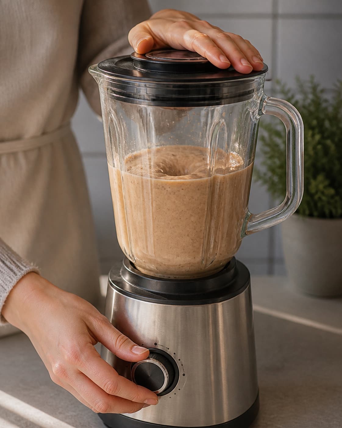 One single photorealistic instructional frame of the final colorful smoothie blending until thick and uniform for Banan Lakrids Smoothie, featuring banan, lakridspulver, mælk, with only the named equipment and no unrelated food, text, logos or packaging under tilberedningen af banan lakrids smoothie