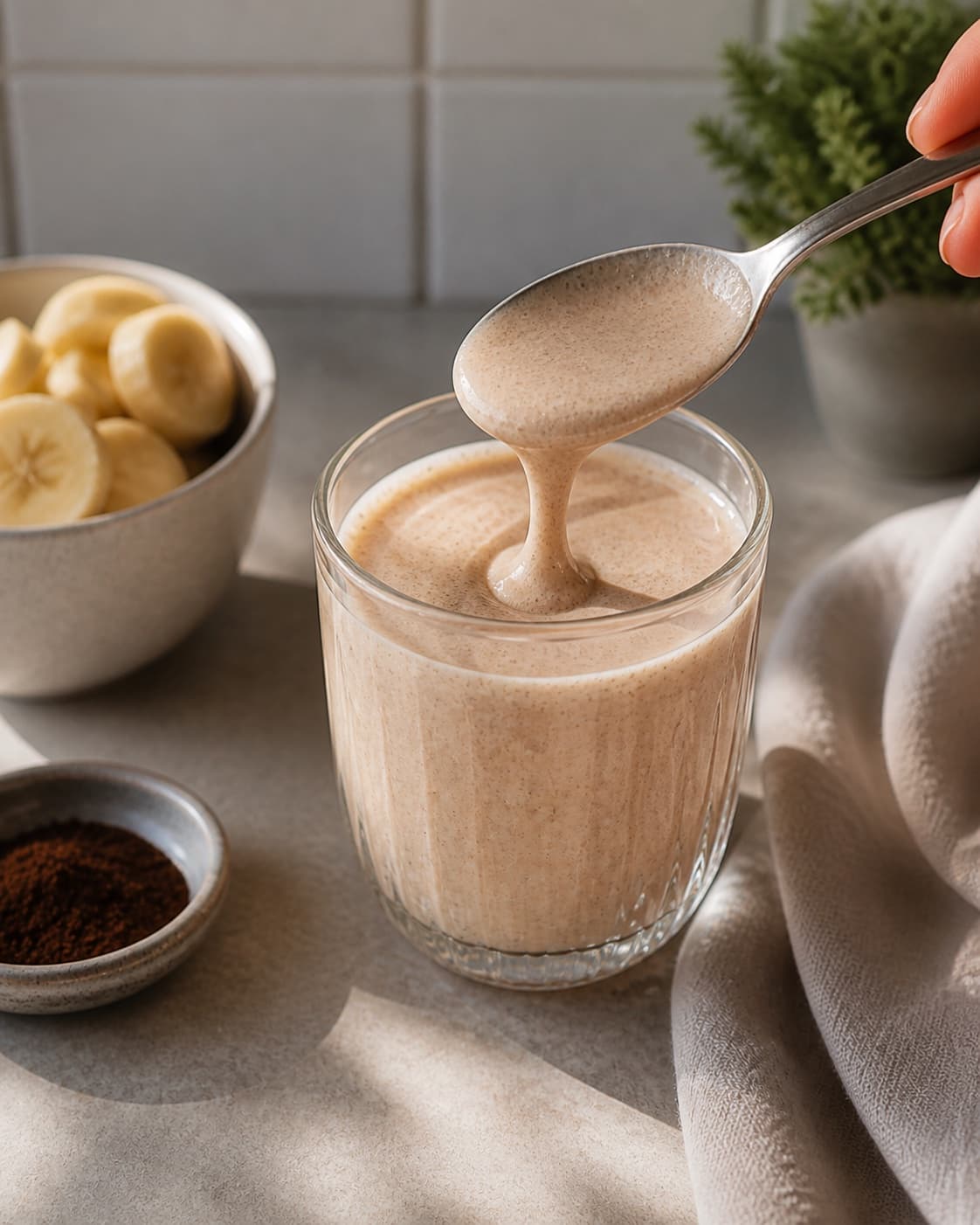 One single photorealistic instructional frame of one spoon checking the thick smoothie consistency for Banan Lakrids Smoothie, featuring banan, lakridspulver, mælk, with only the named equipment and no unrelated food, text, logos or packaging under tilberedningen af banan lakrids smoothie