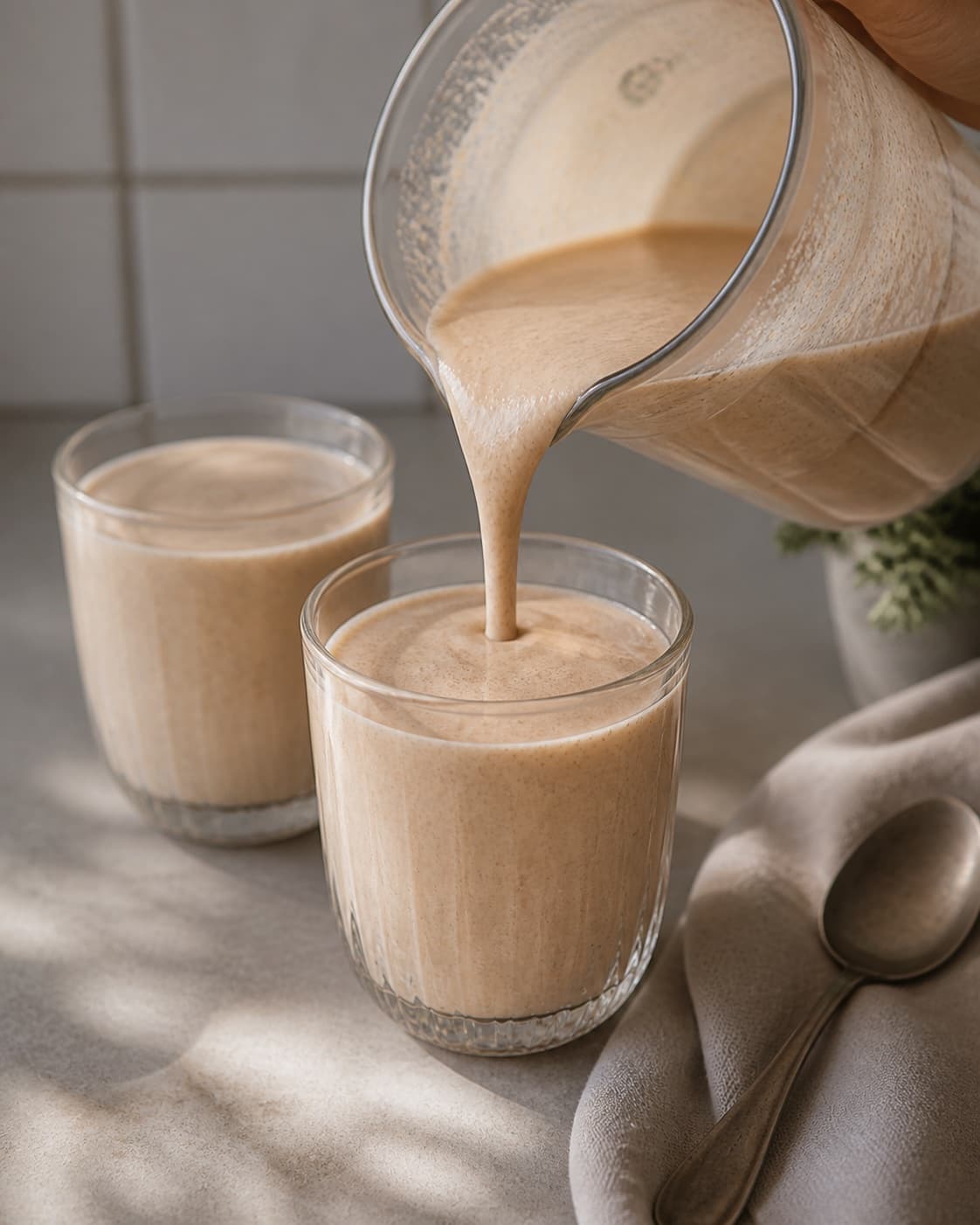 One single photorealistic instructional frame of the finished smoothie poured into clean chilled glasses or bowls for Banan Lakrids Smoothie, featuring banan, lakridspulver, mælk, with only the named equipment and no unrelated food, text, logos or packaging under tilberedningen af banan lakrids smoothie