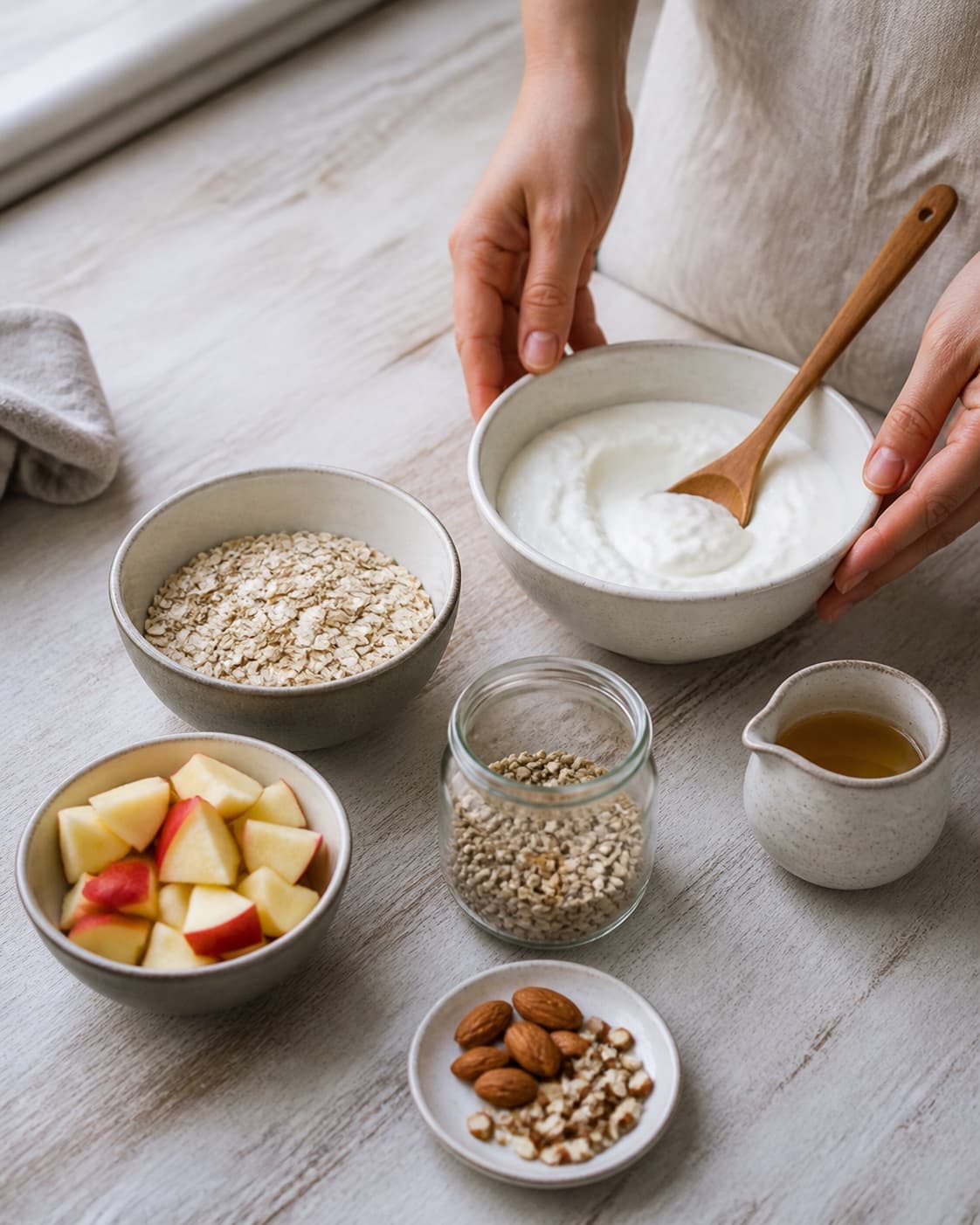 One single photorealistic instructional frame of measured grains seeds and liquid before cooking for Drænet yoghurt med knas og æbler, featuring græsk yoghurt, æbler, havregryn, with only the named equipment and no unrelated food, text, logos or packaging under tilberedningen af drænet yoghurt med knas og æbler