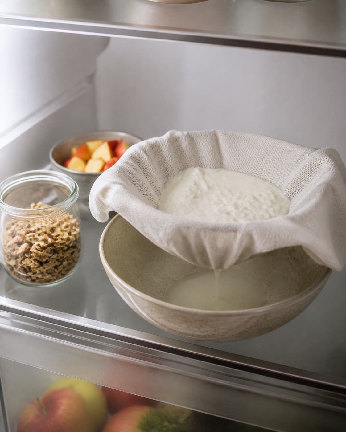 Yogurt draining through clean cloth over one bowl in refrigeration, no saucepan, stove or cooked porridge under tilberedningen af drænet yoghurt med knas og æbler